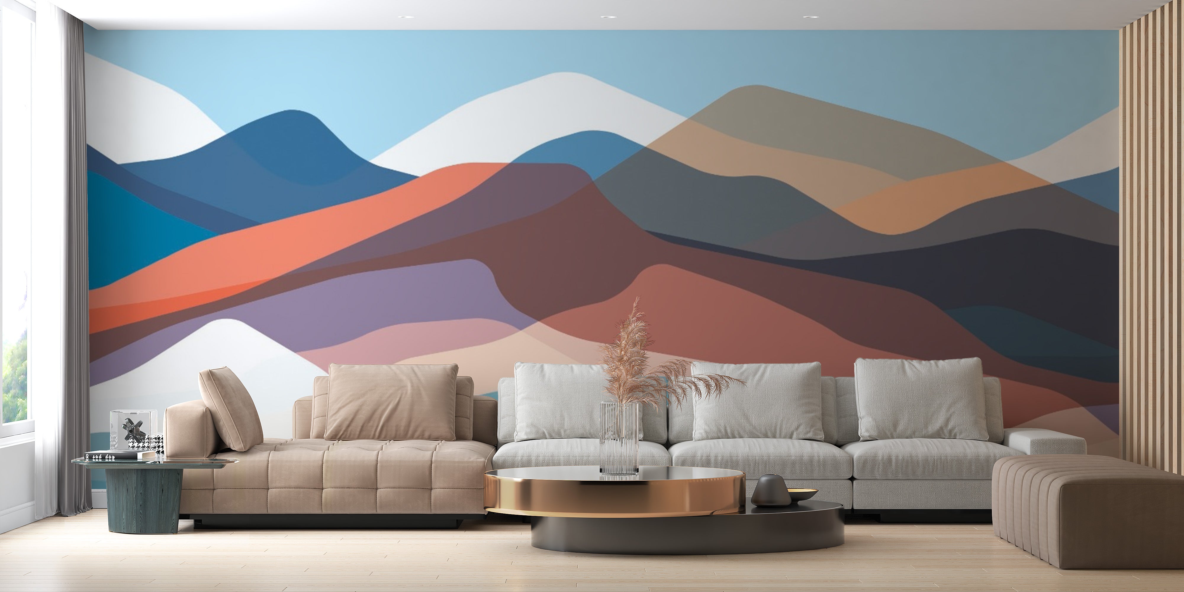 Modern abstract mural showcasing layered mountains in soft pastel tones