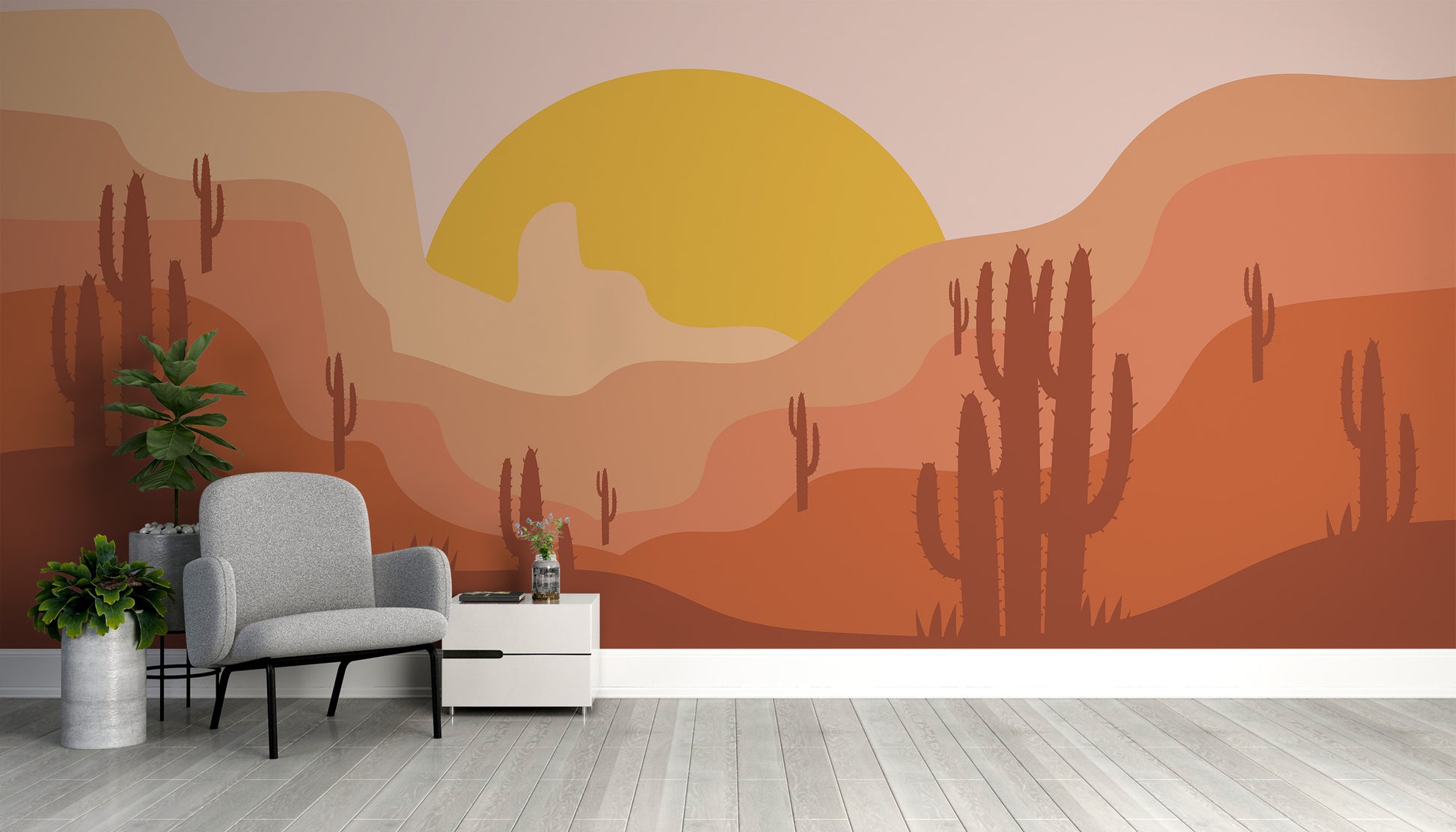 Desert-inspired cactus mural with golden sun backdrop.