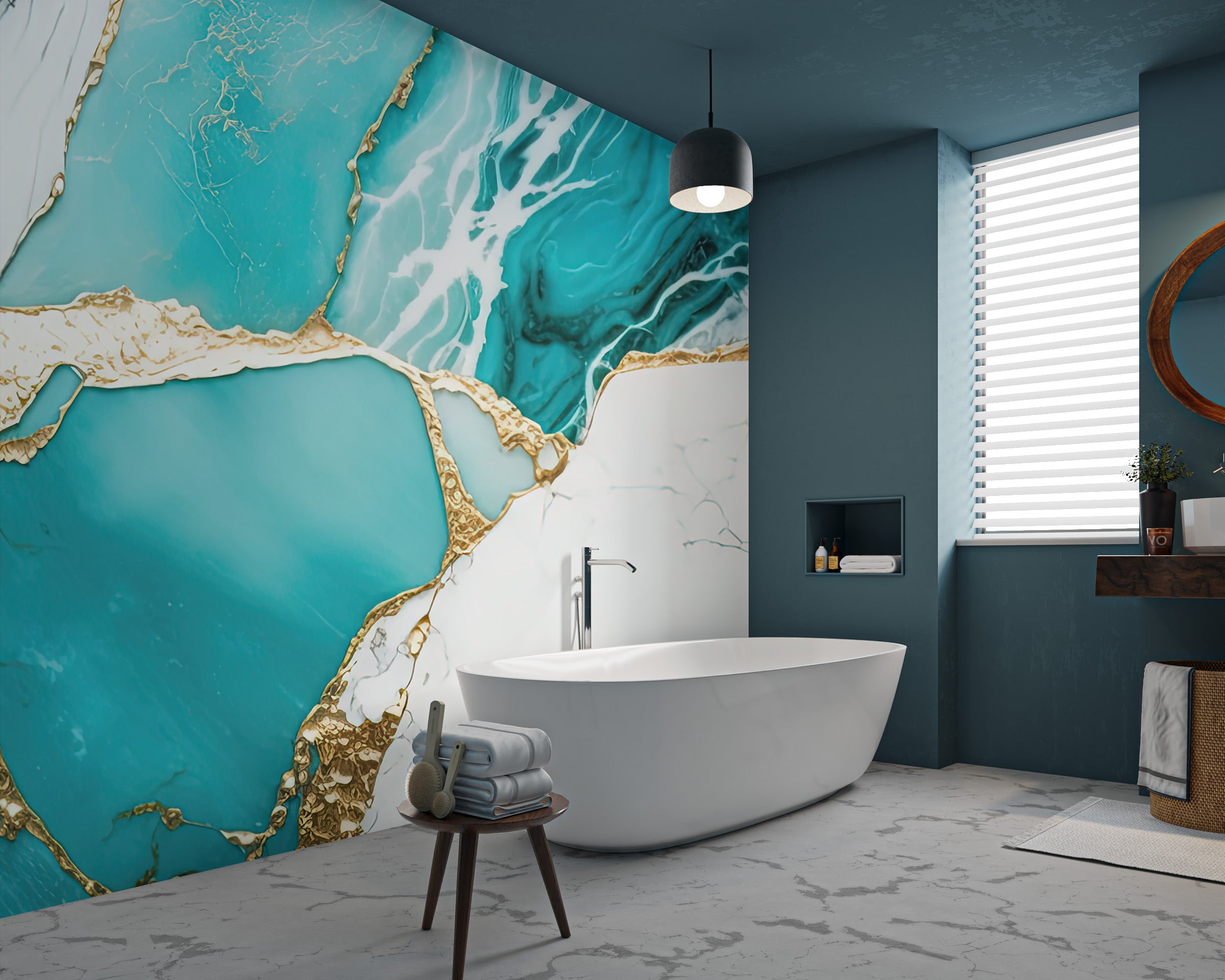 Aqua gold marble wallpaper with fluid marble texture
