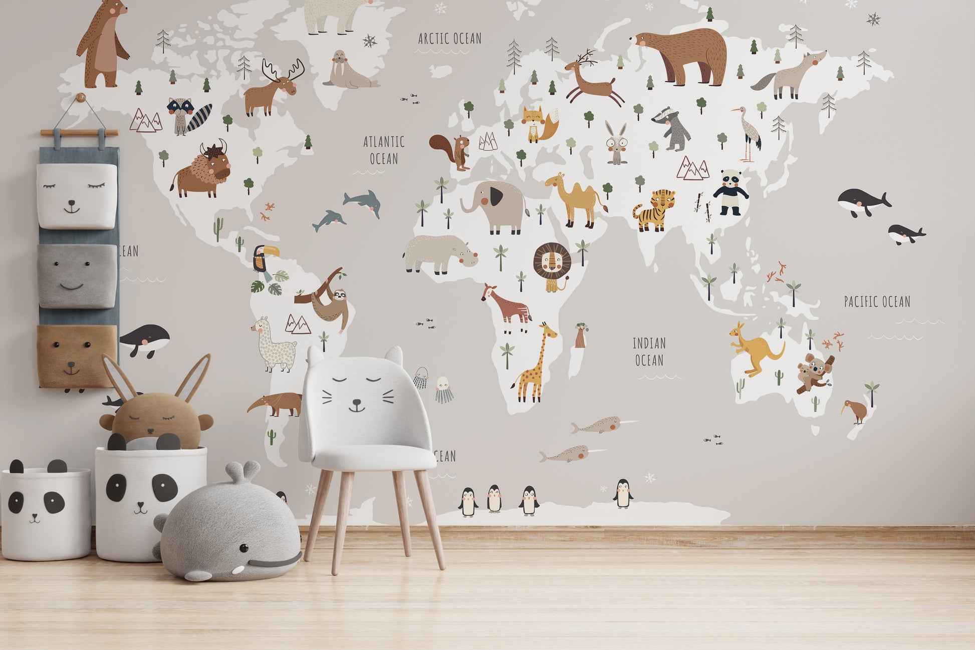 Stylish gray world map design with animal accents for walls
