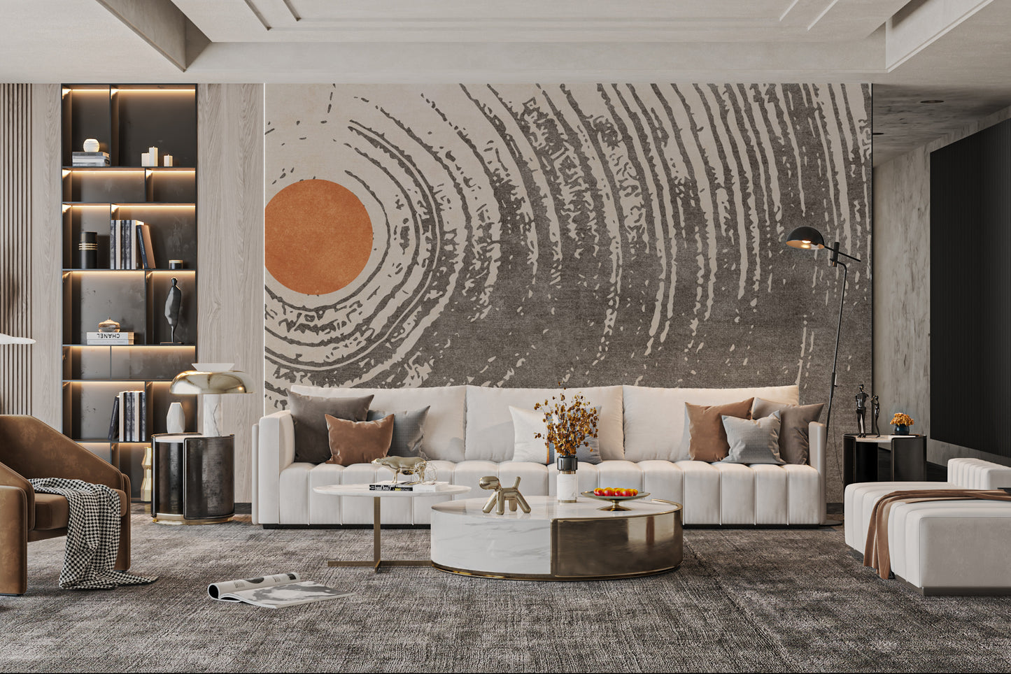 Radiant sun-centered abstract circular wall mural