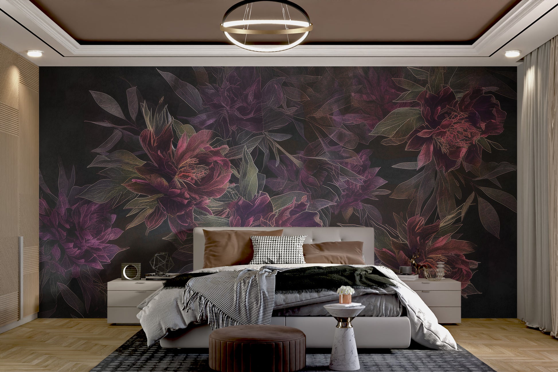 Moody botanical wallpaper featuring deep-toned flowers
