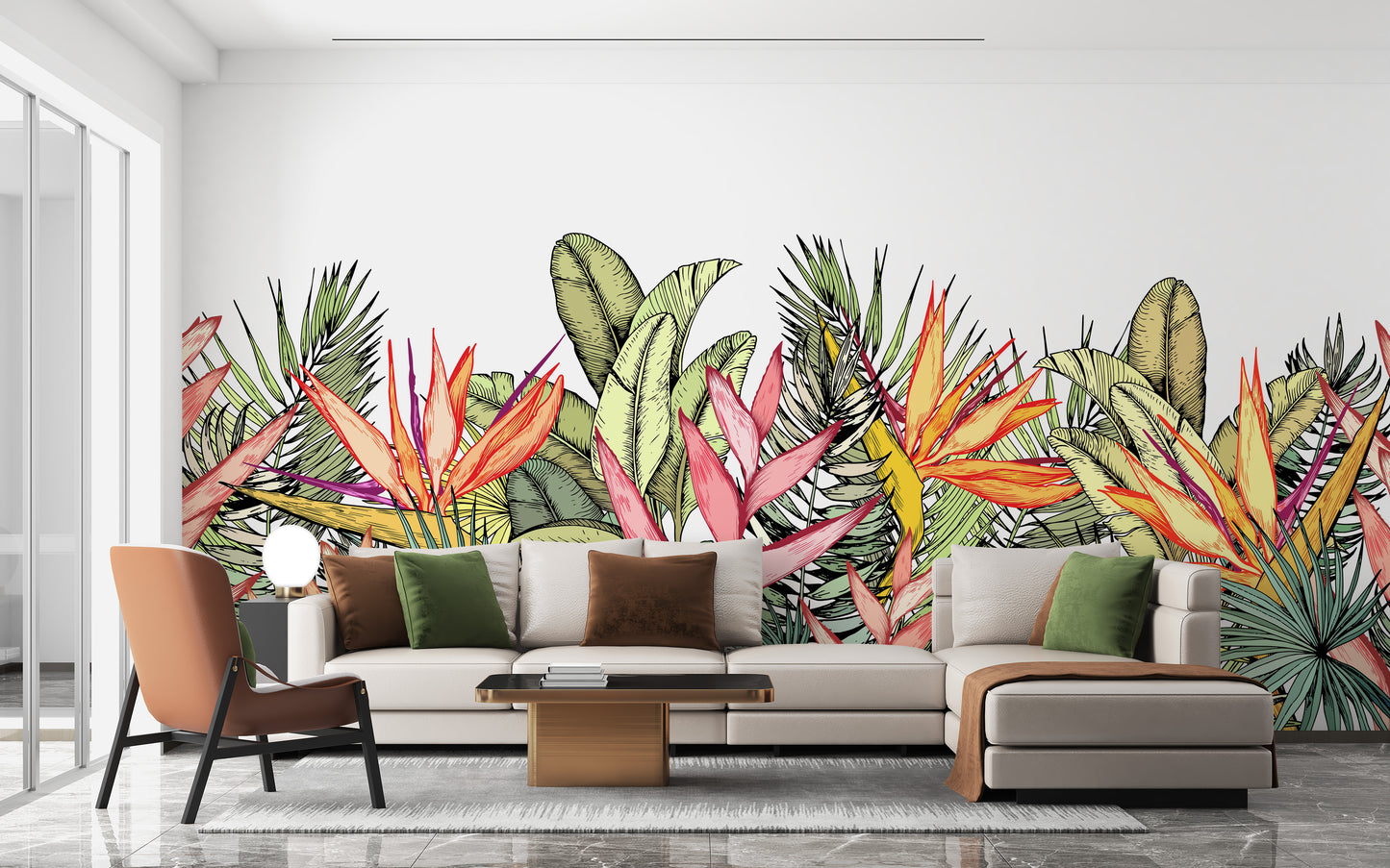 Bold tropical leaf pattern mural wallpaper
