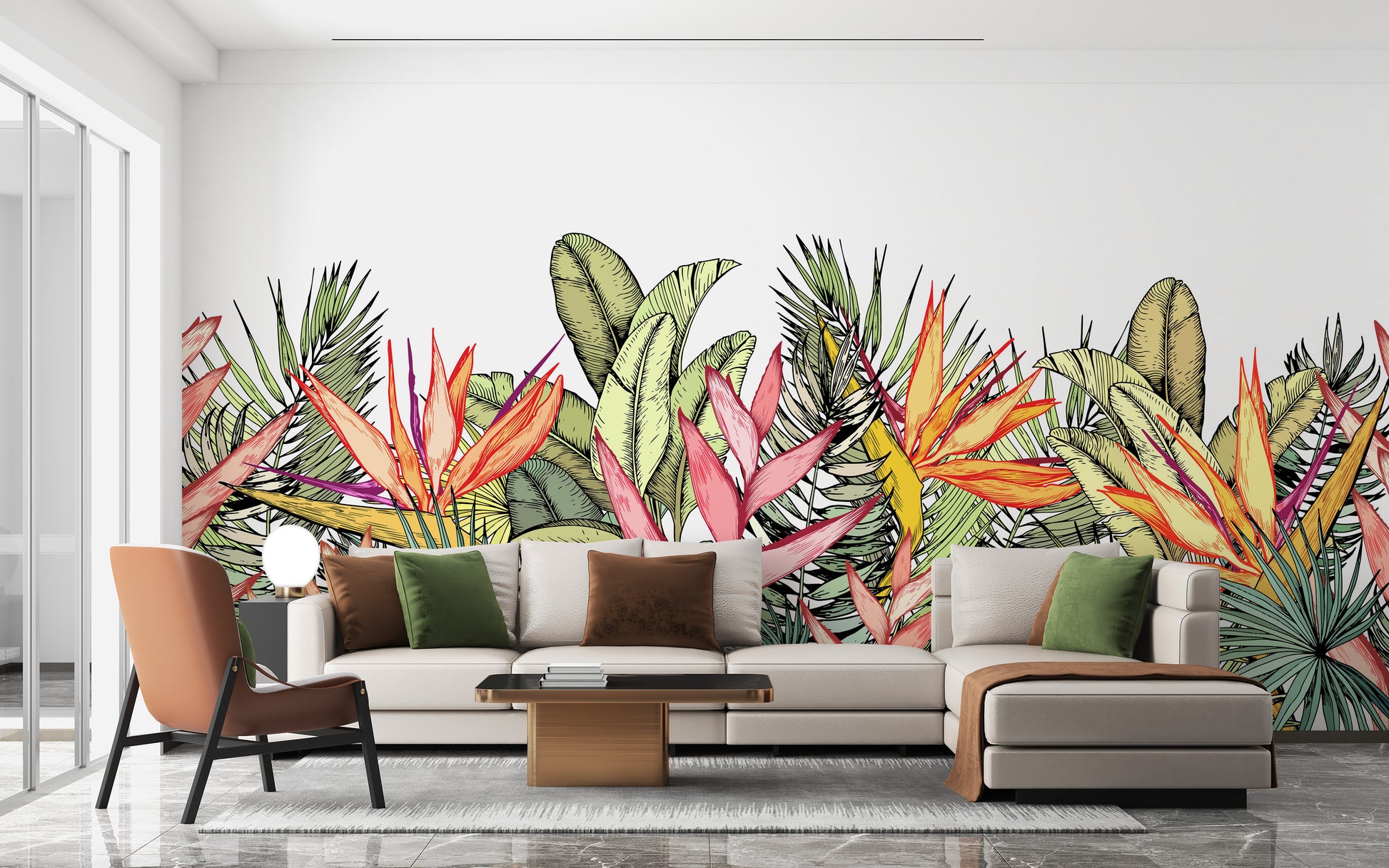 Bold tropical leaf pattern mural wallpaper
