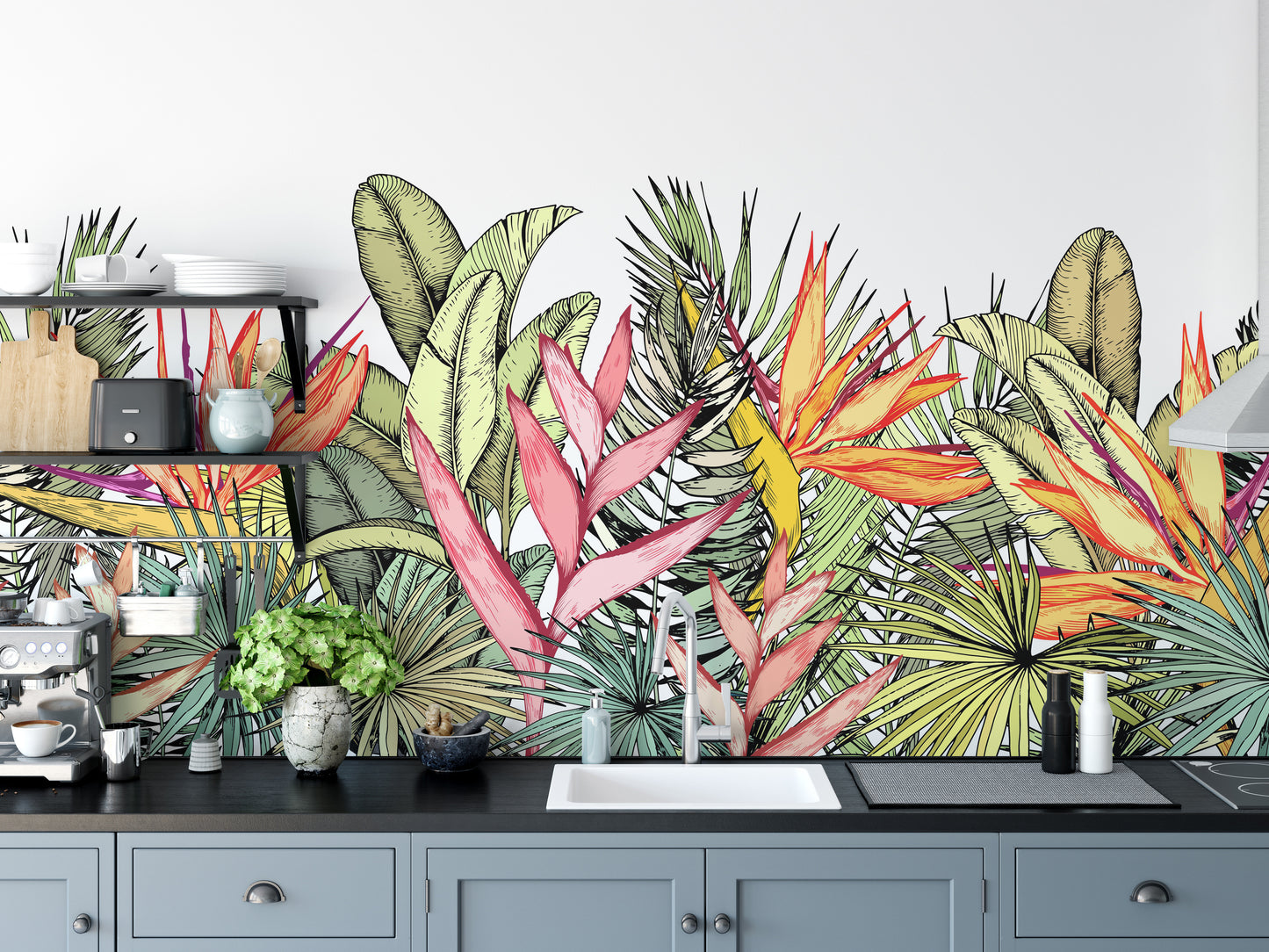 Tropical blooms wallpaper mural with greenery
