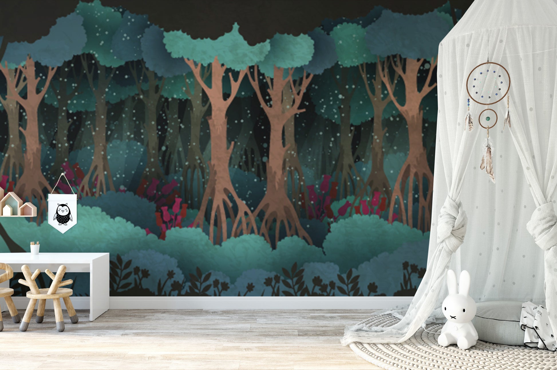 Mystical forest mural in soft green hues
