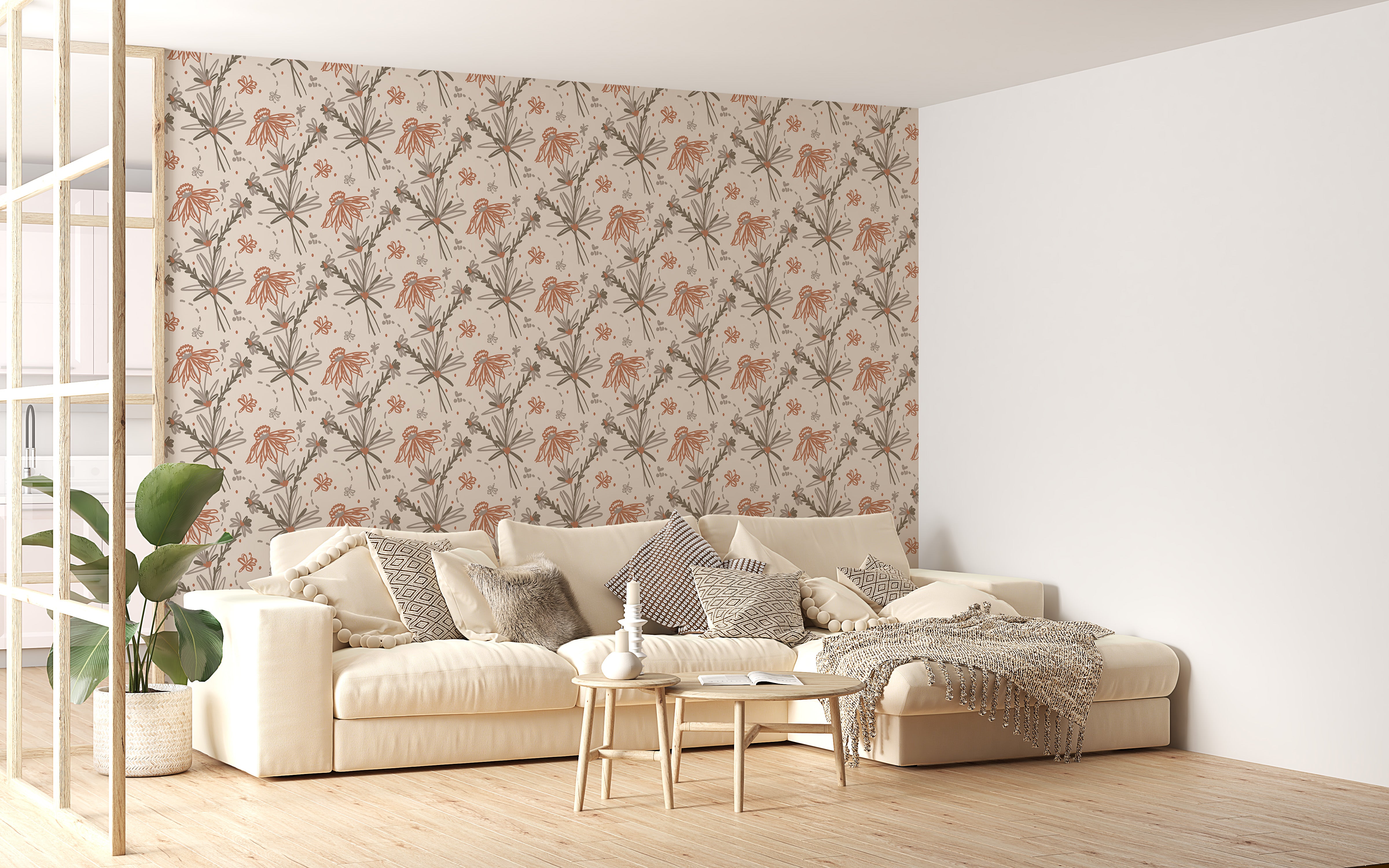 Warm earthy floral doodle wall pattern design.