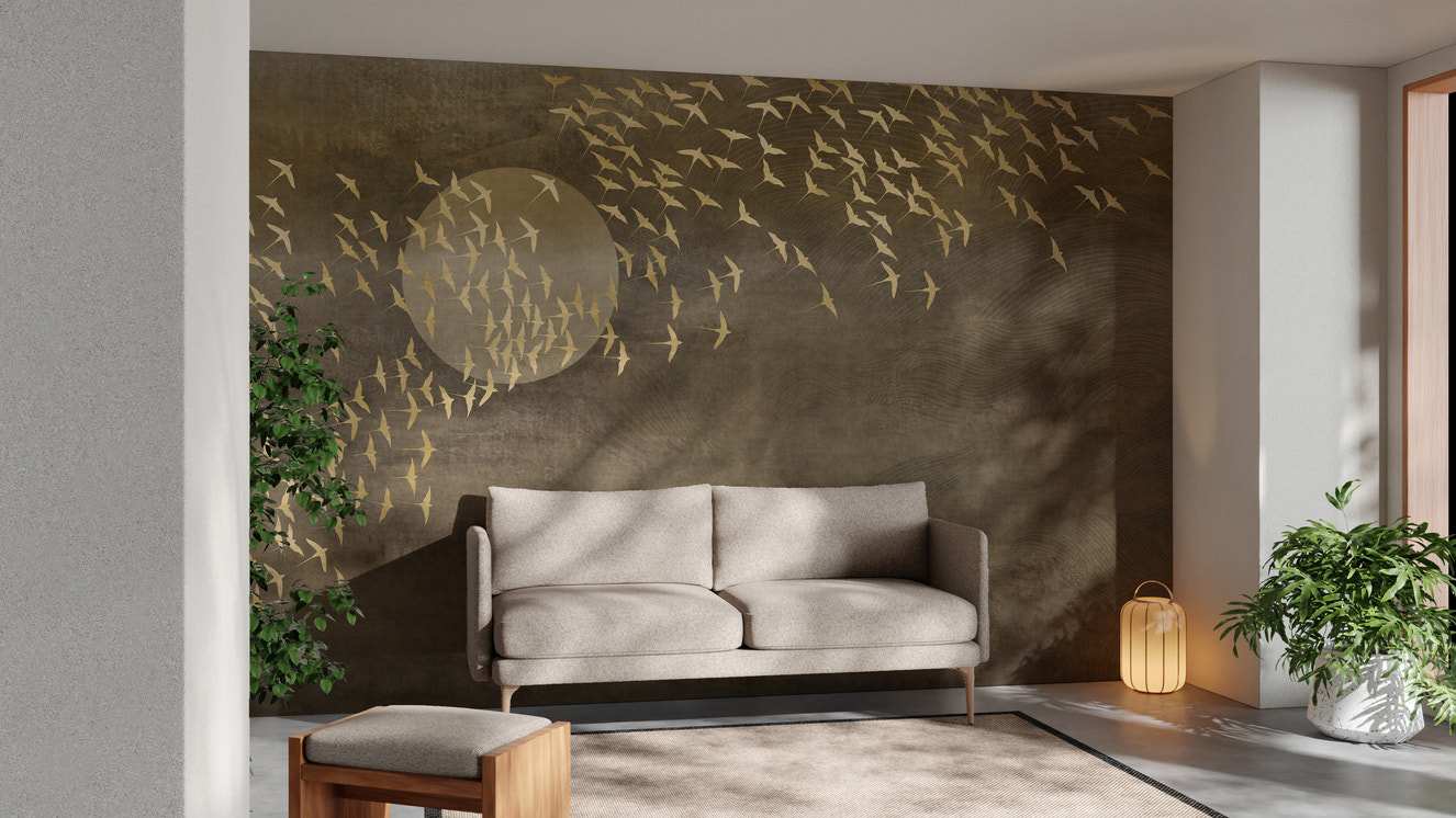 Golden Birds Flying in Sky Wallpaper Murals