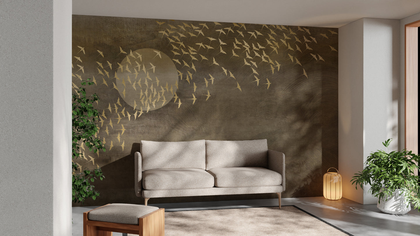 Golden Birds Flying in Sky Wallpaper Murals