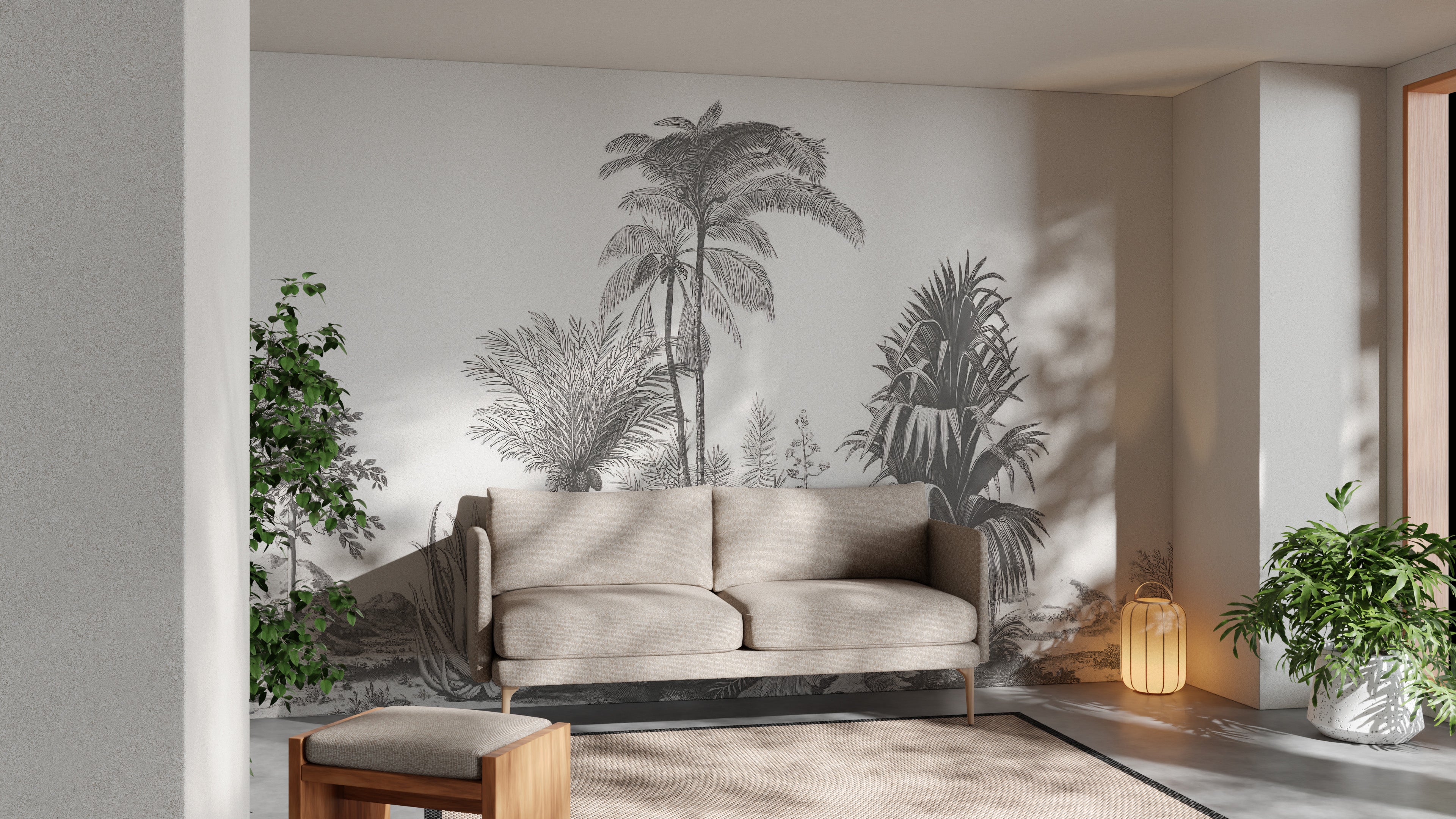 Elegant palm paradise wallpaper in grey tones