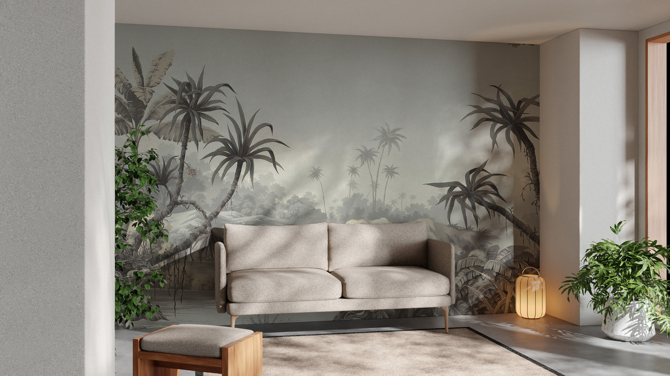 Scenic lake and palm wall mural for homes
