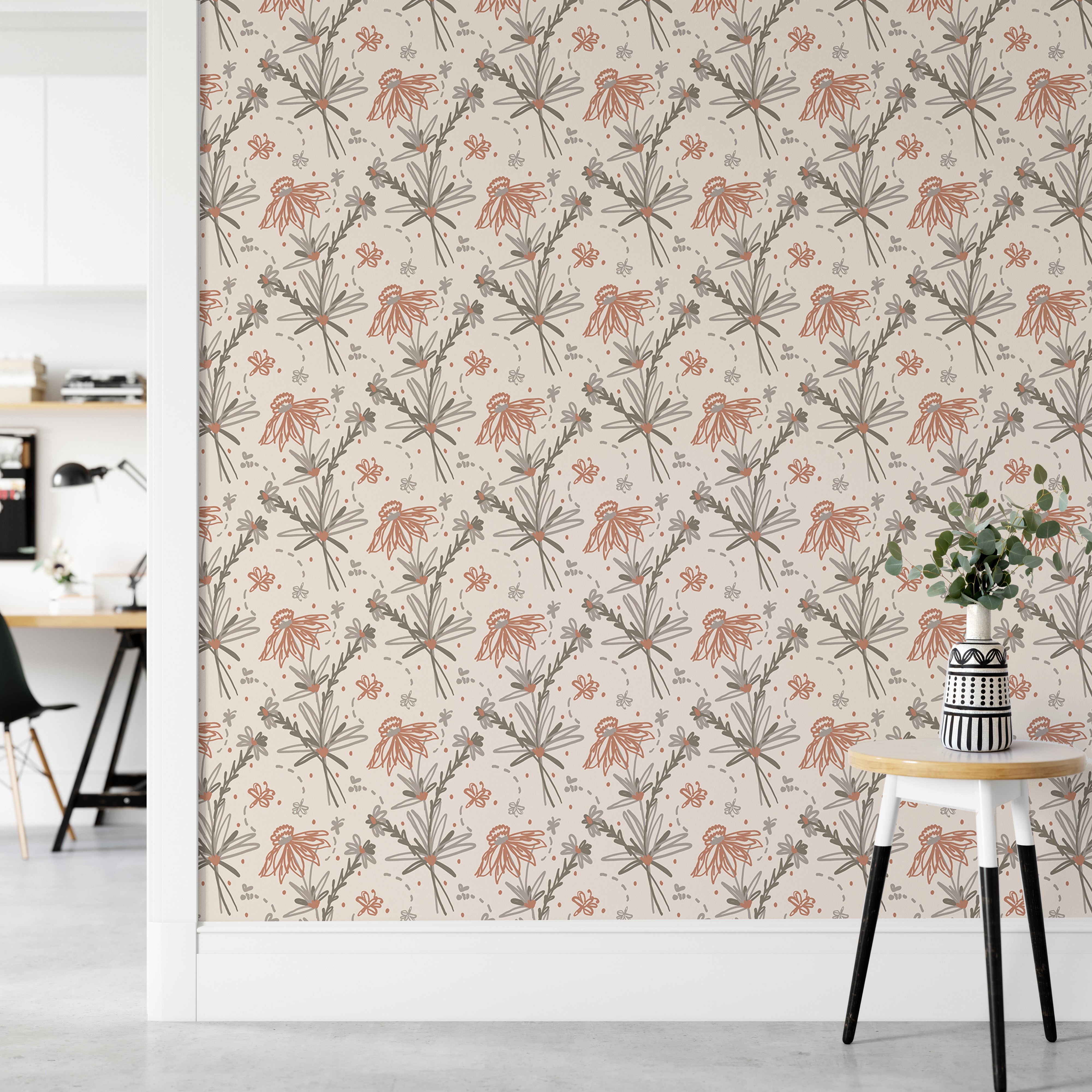 Decorative earthy floral doodle pattern for walls.