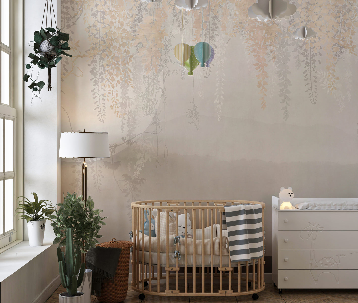 Golden and Grey Hanging Leaves Wallpaper Murals