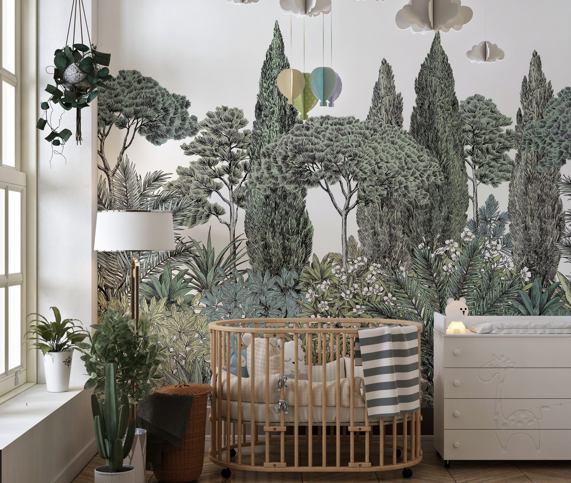 Tropical jungle mural with rich leafy details