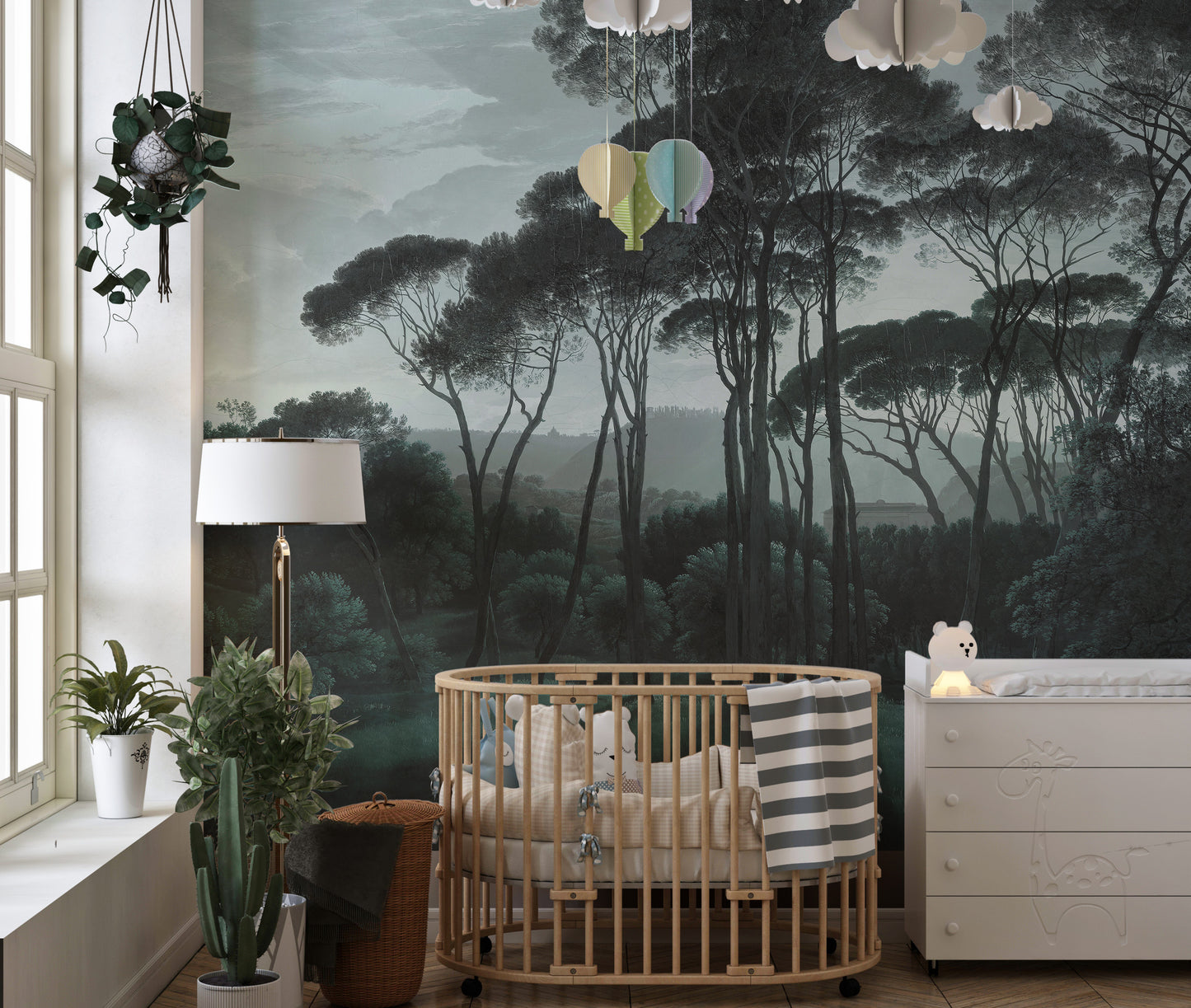 Dark green misty forest wall decor mural
