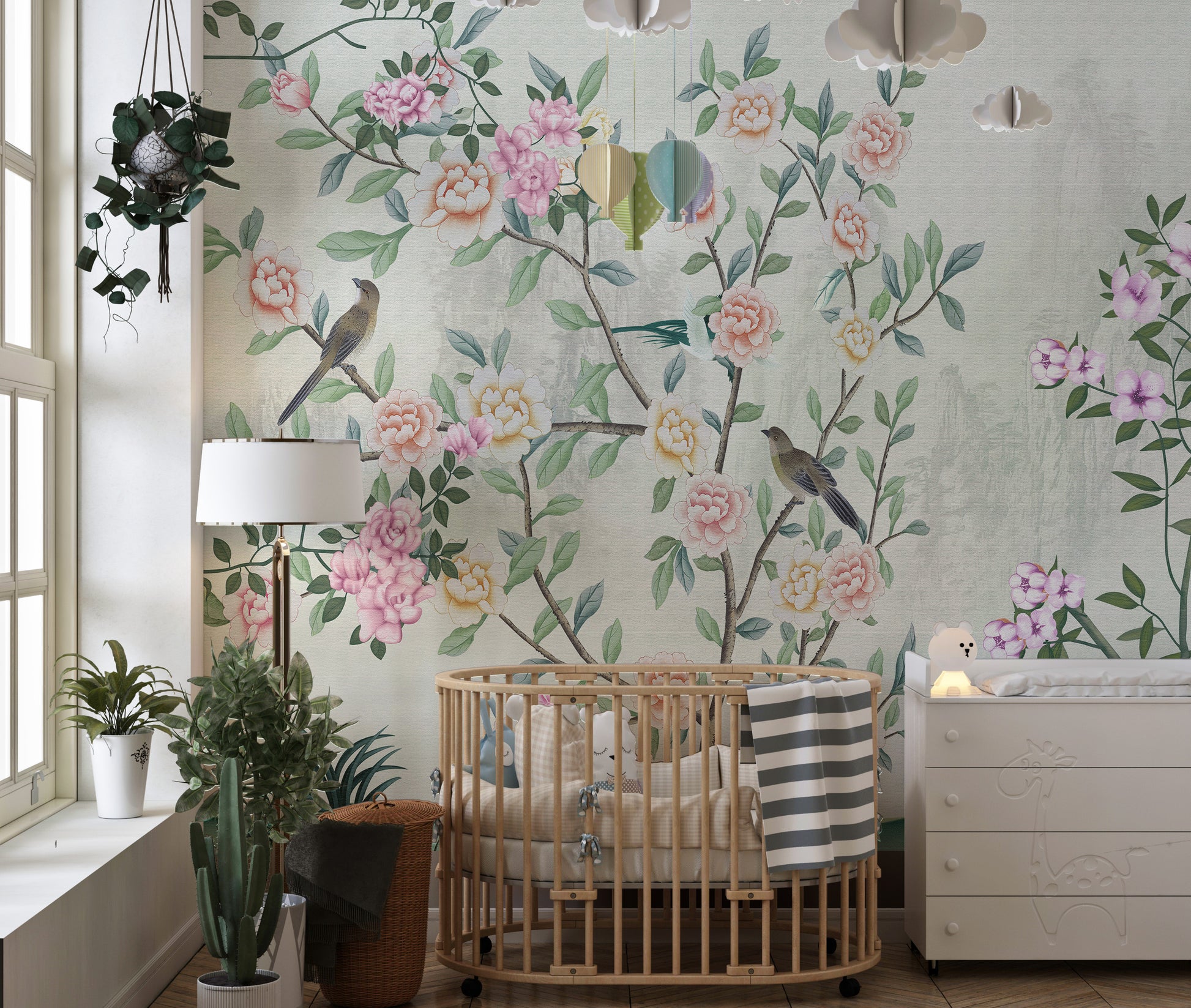 Delicate garden trail wall mural design.
