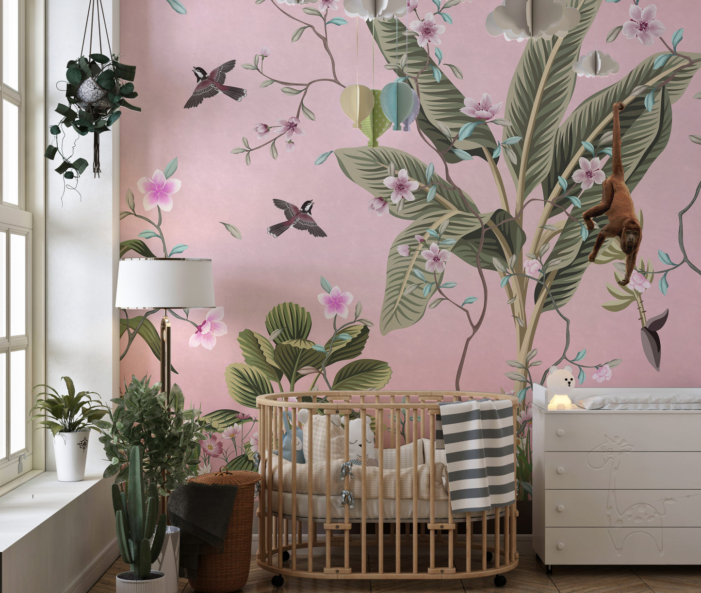 Soft pastel flowers adorn wallpaper design.
