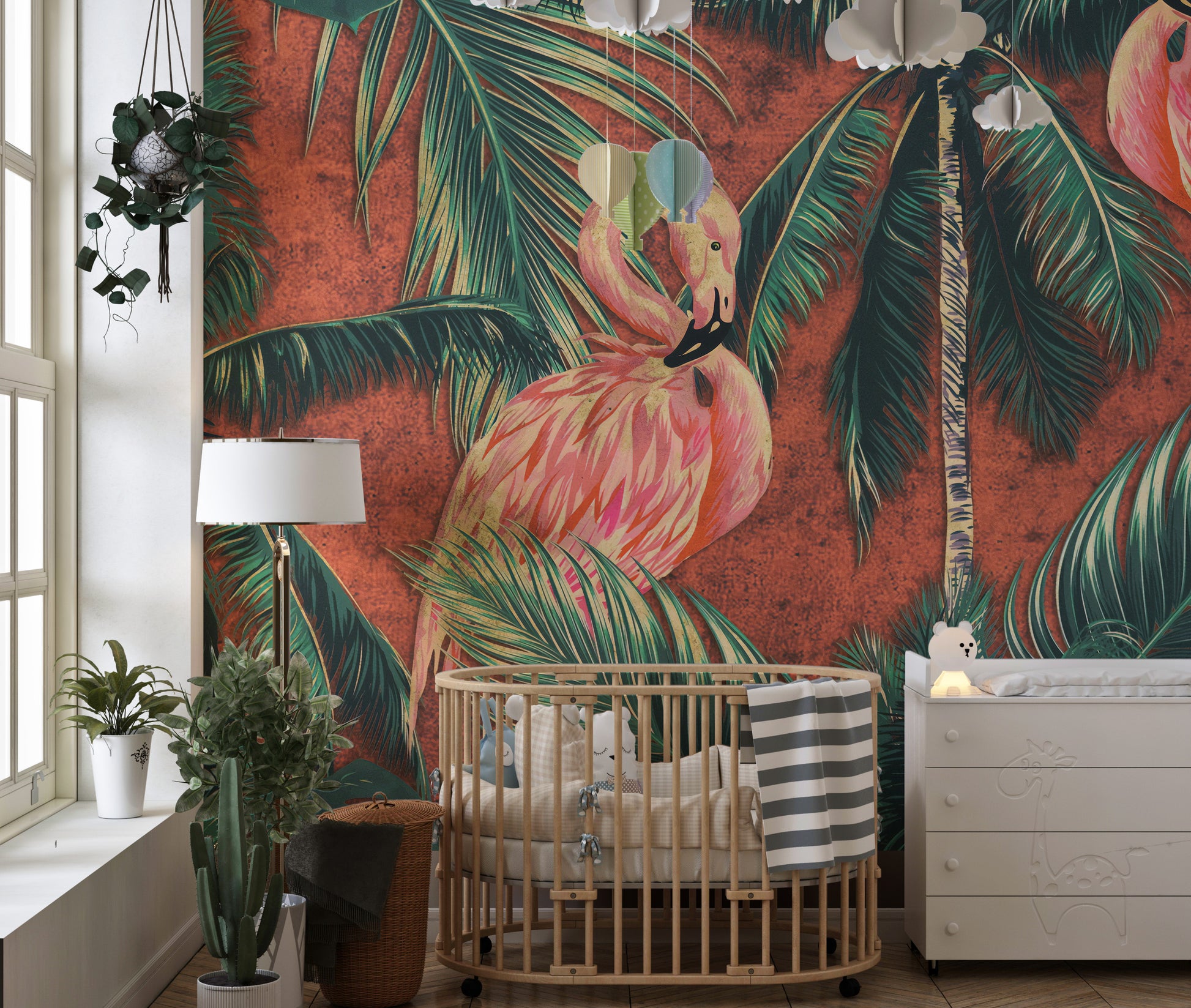 Exotic forest with flamingo wall pattern.
