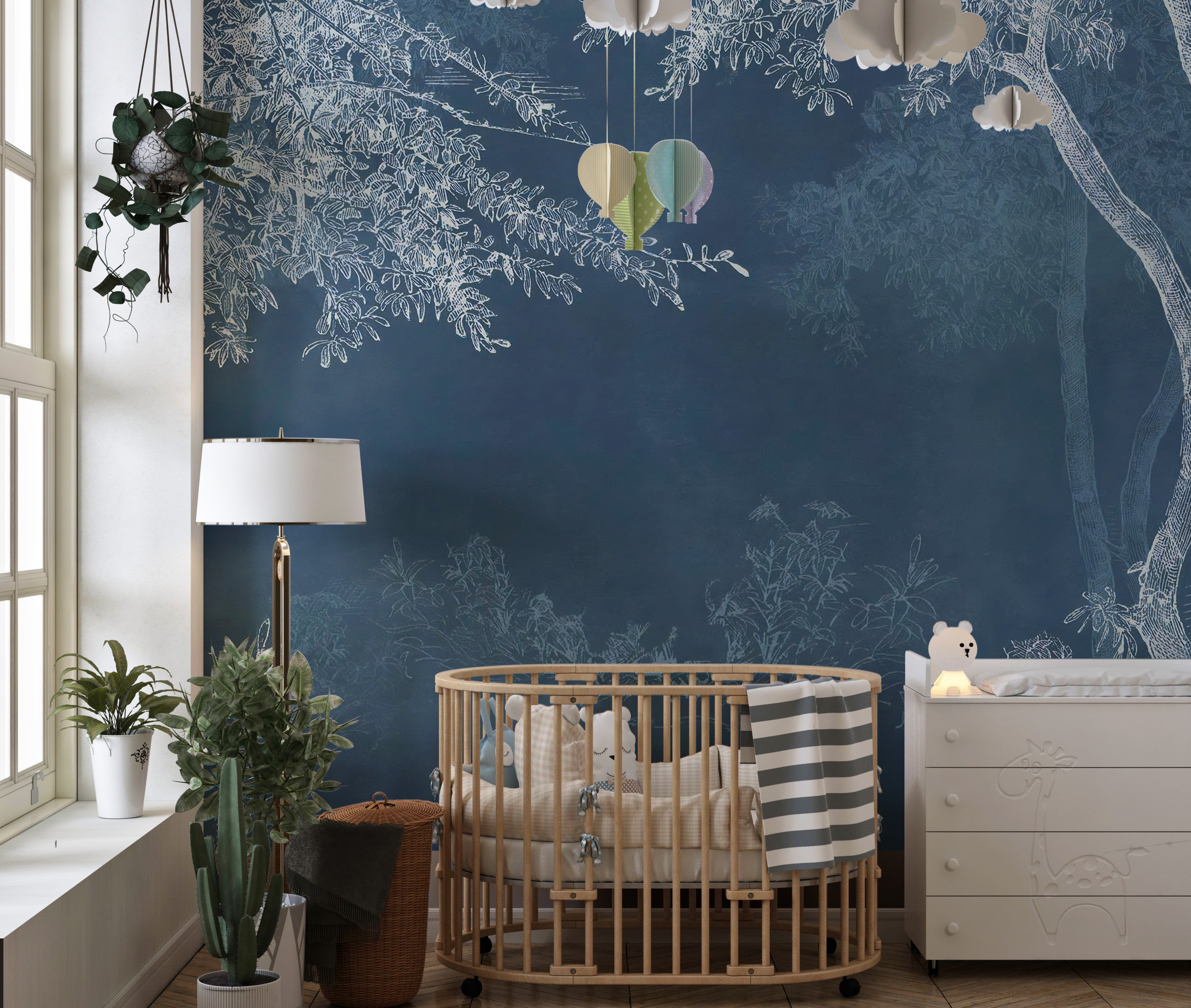 Mystical indigo forest wallpaper for walls.
