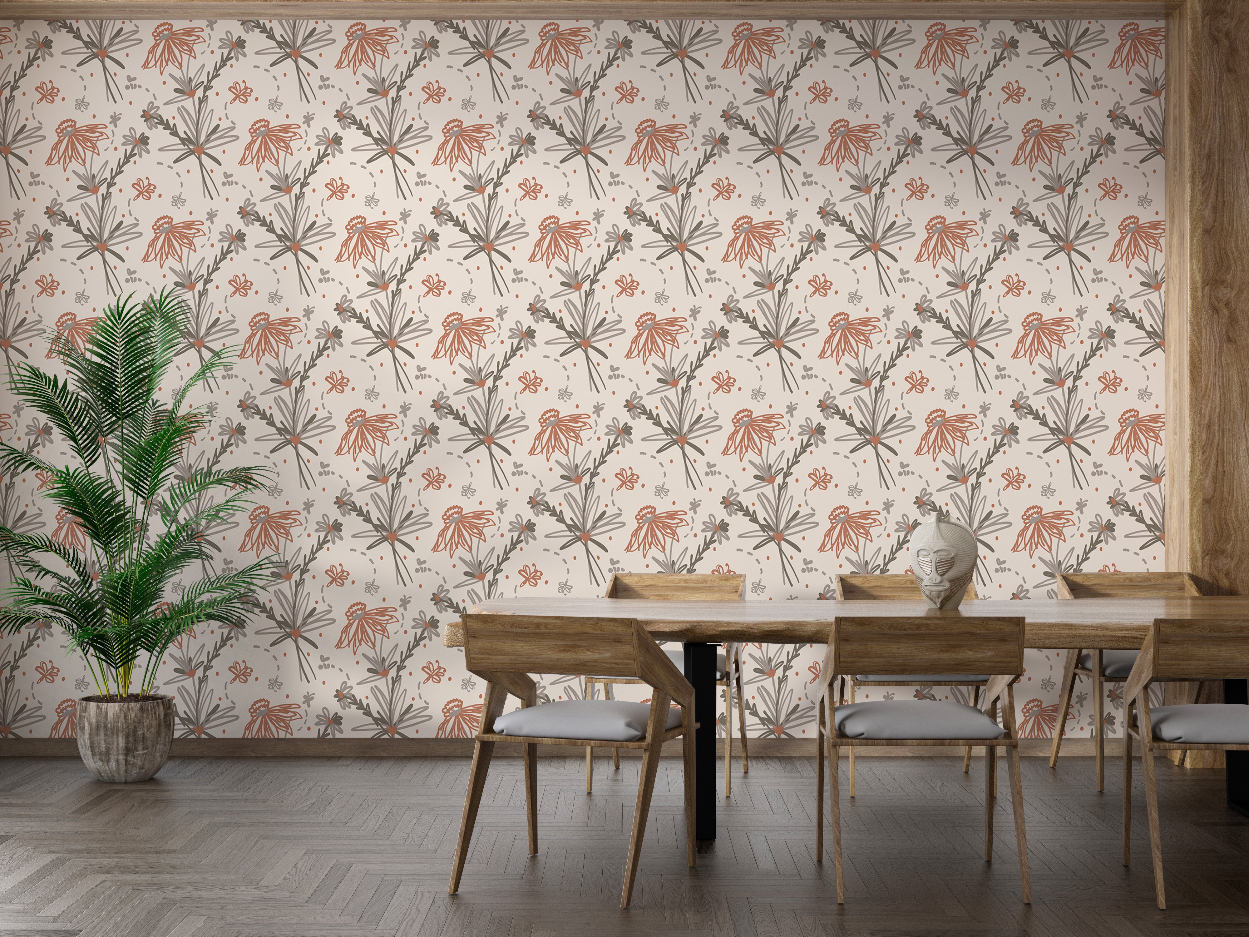 Boho floral wallpaper in warm earthy colors.