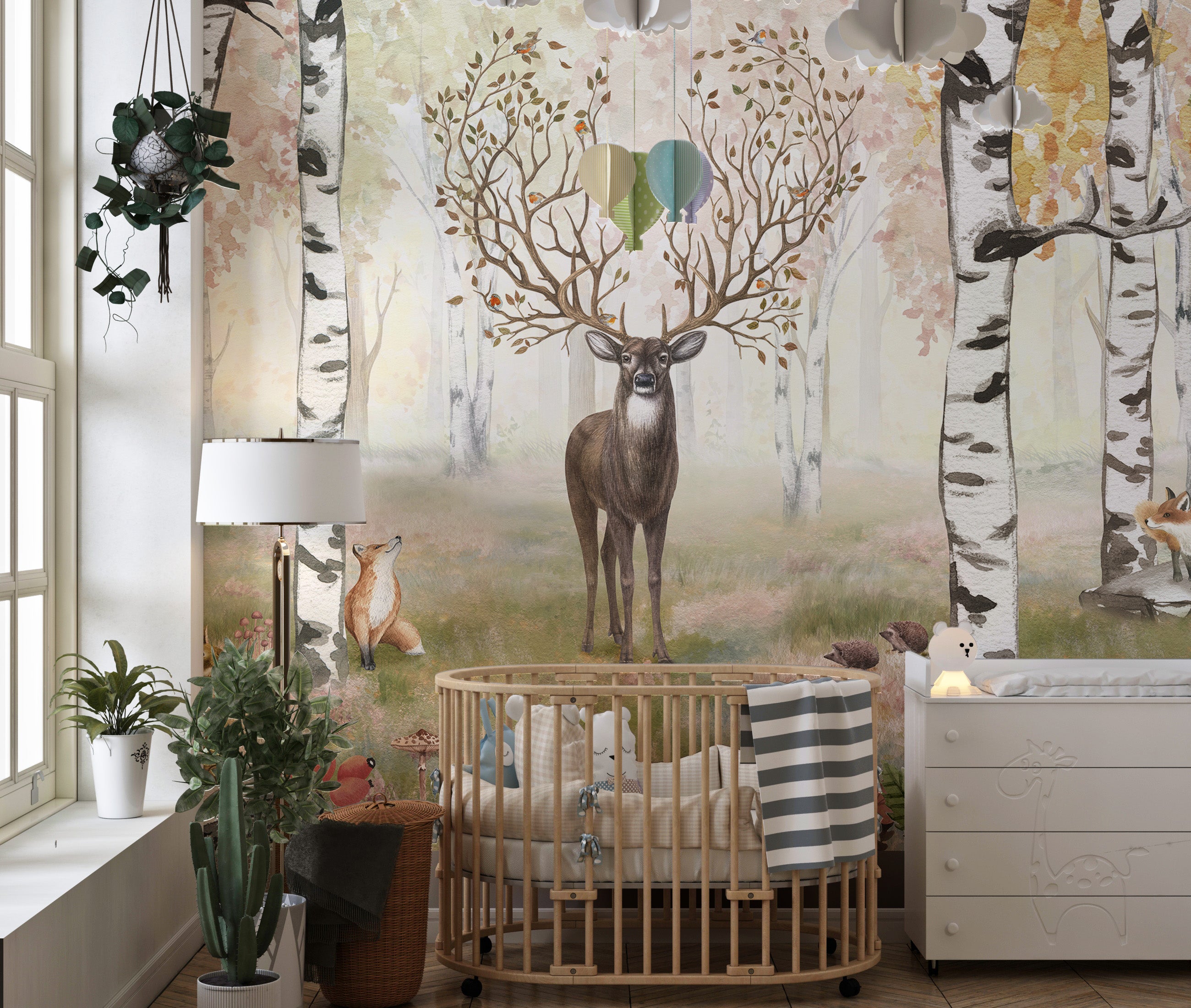 Woodland majesty mural highlighting antlered deer.
