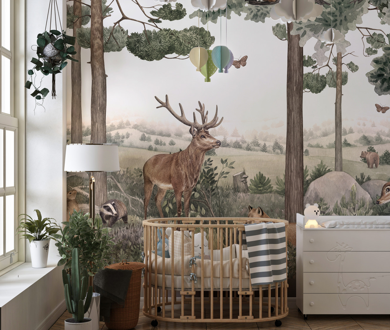 Forest mural featuring stag and deer in vibrant nature.
