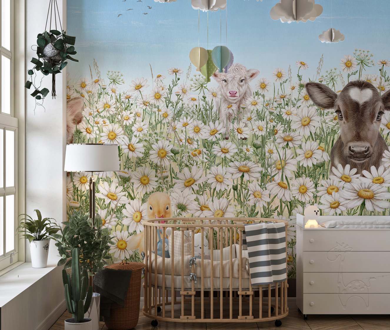 Adorable Farm Animals mural for charming wall decor.
