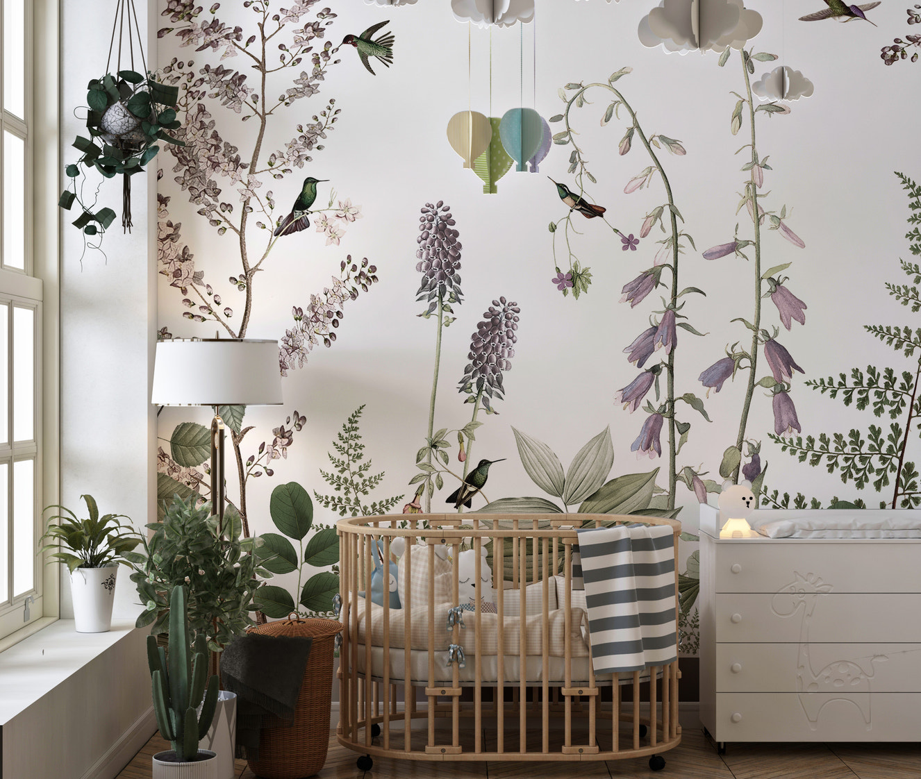 Hummingbird Hedge wall mural adds charm to interiors.
