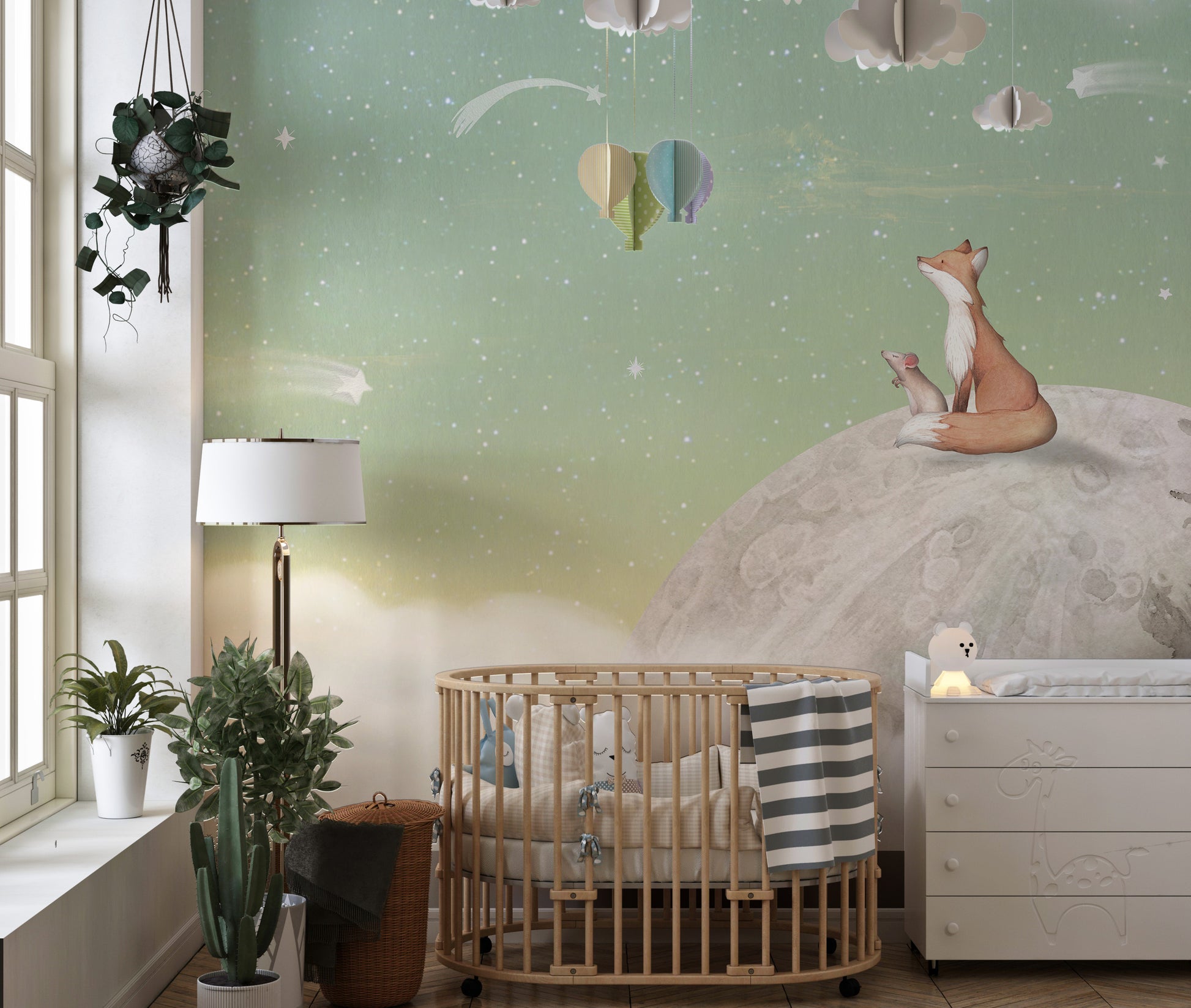 Decorative mural with a magical fox and moon design
