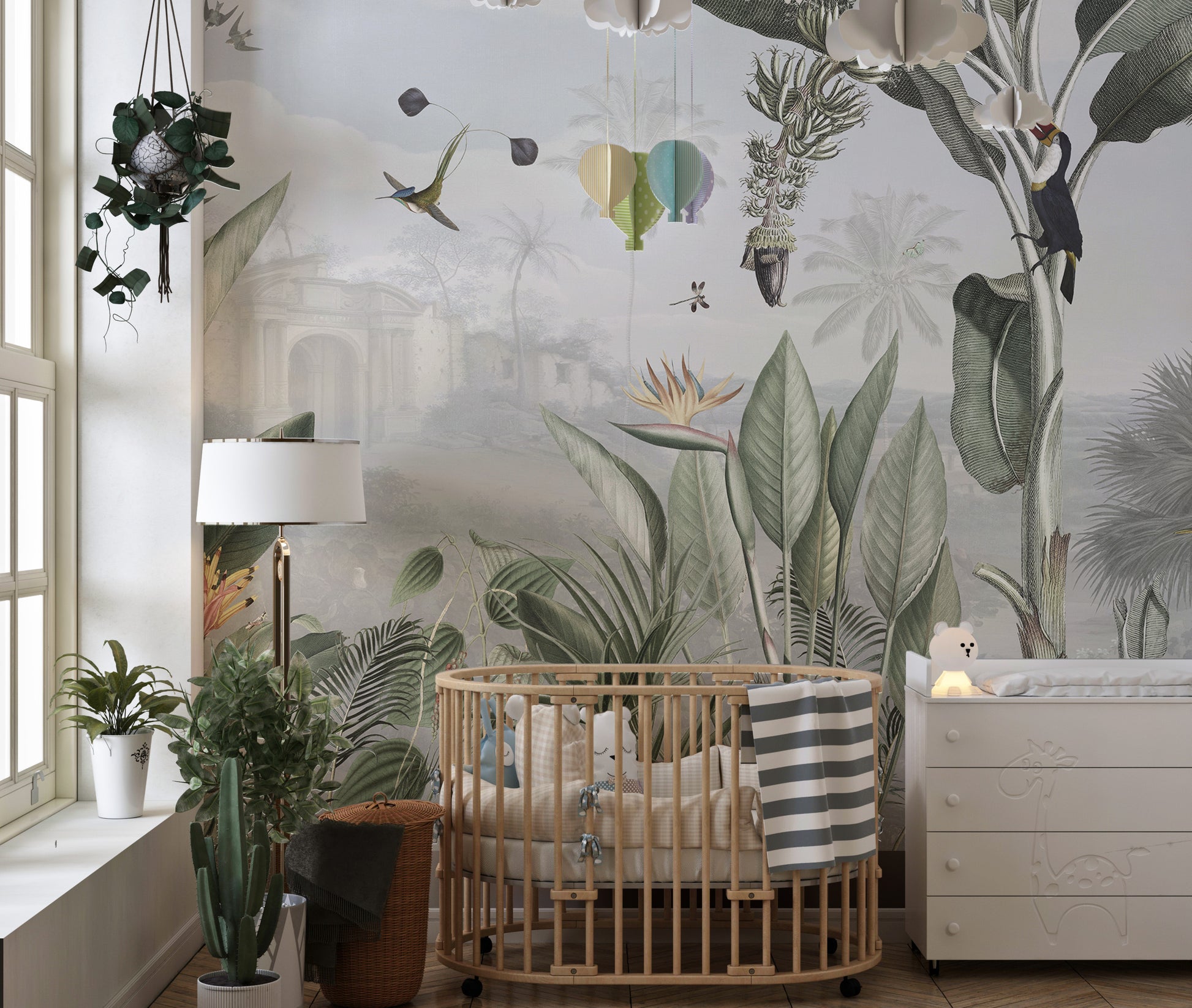 Decorative mural showcasing lush jungle foliage and wildlife
