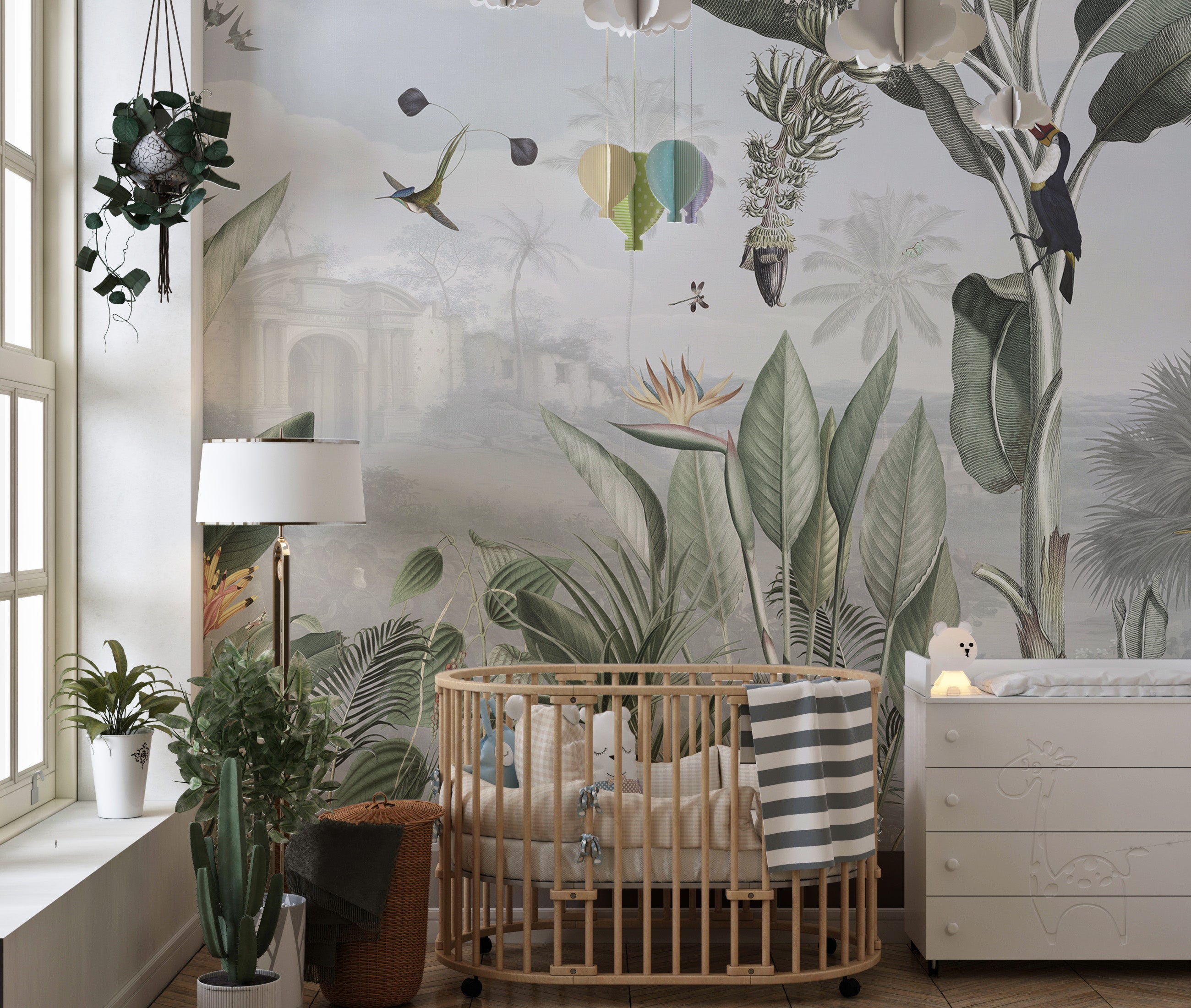 Decorative mural showcasing lush jungle foliage and wildlife
