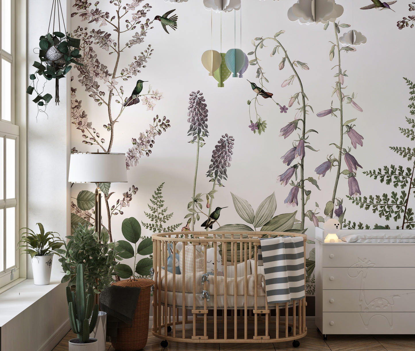 Graceful hummingbird garden mural for serene spaces.
