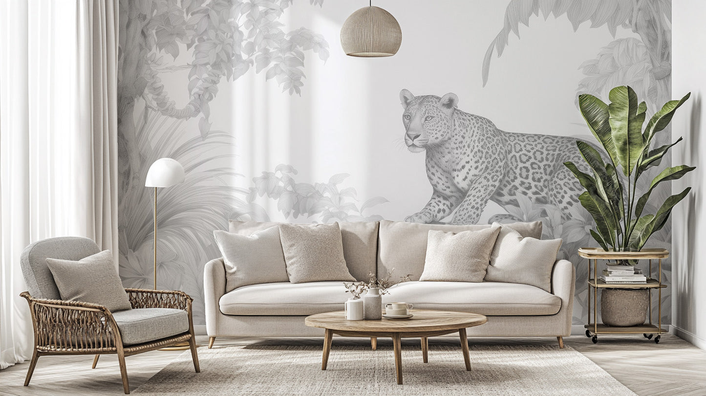 Resting leopard wall mural surrounded by lush forest
