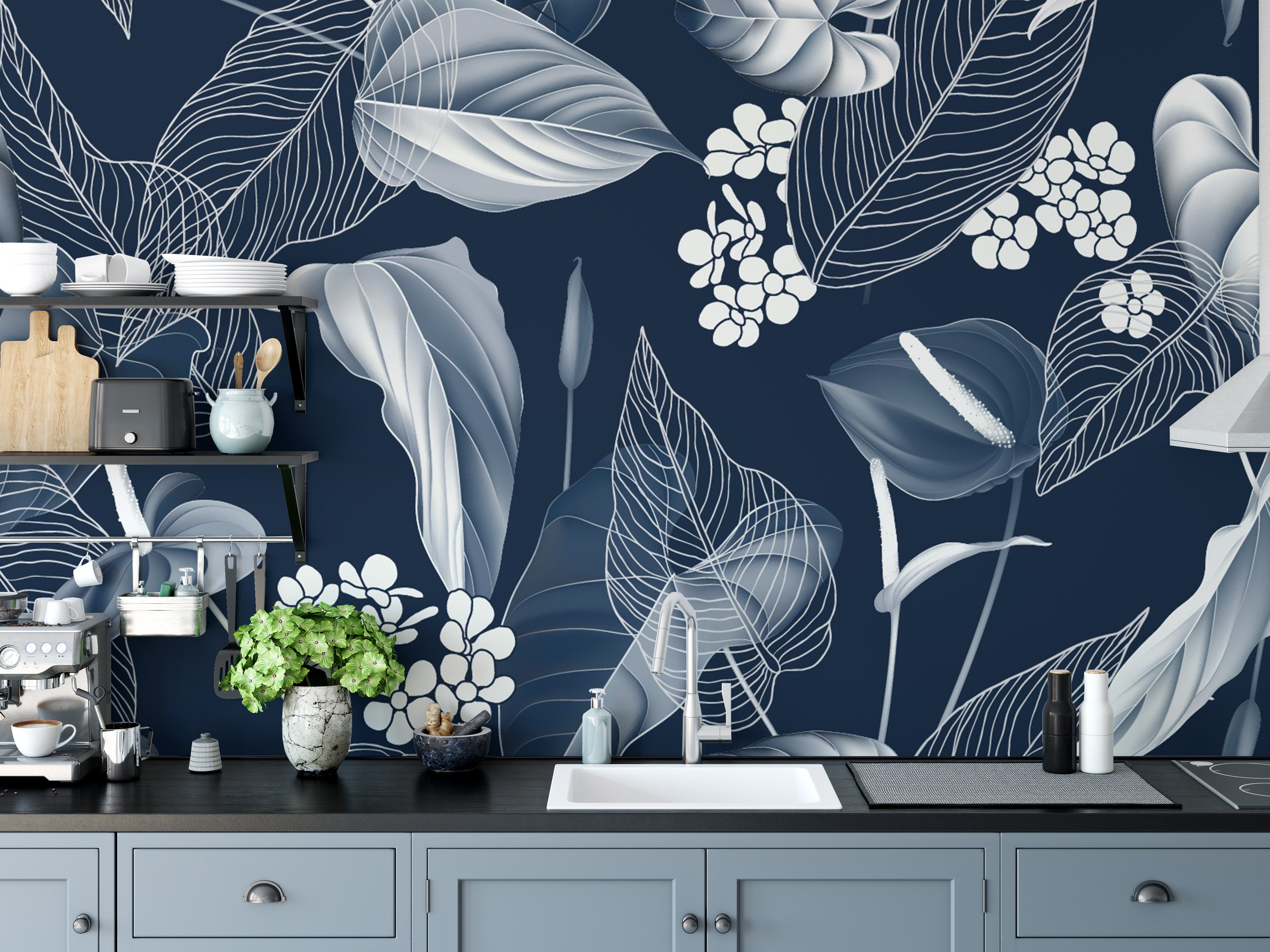 Elegant dark blue floral mural wallpaper
