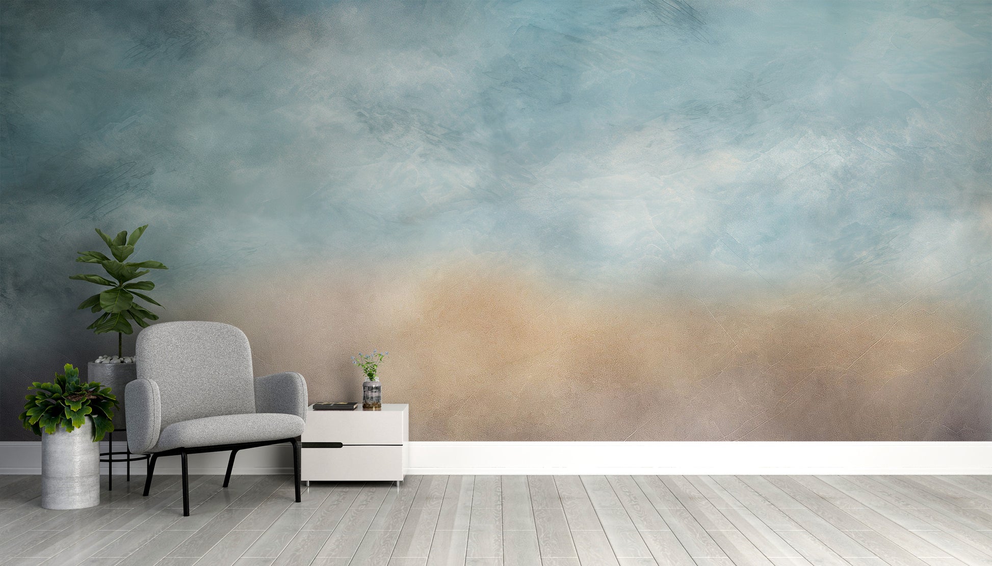 Grey cloud ombre wall mural for a tranquil atmosphere
