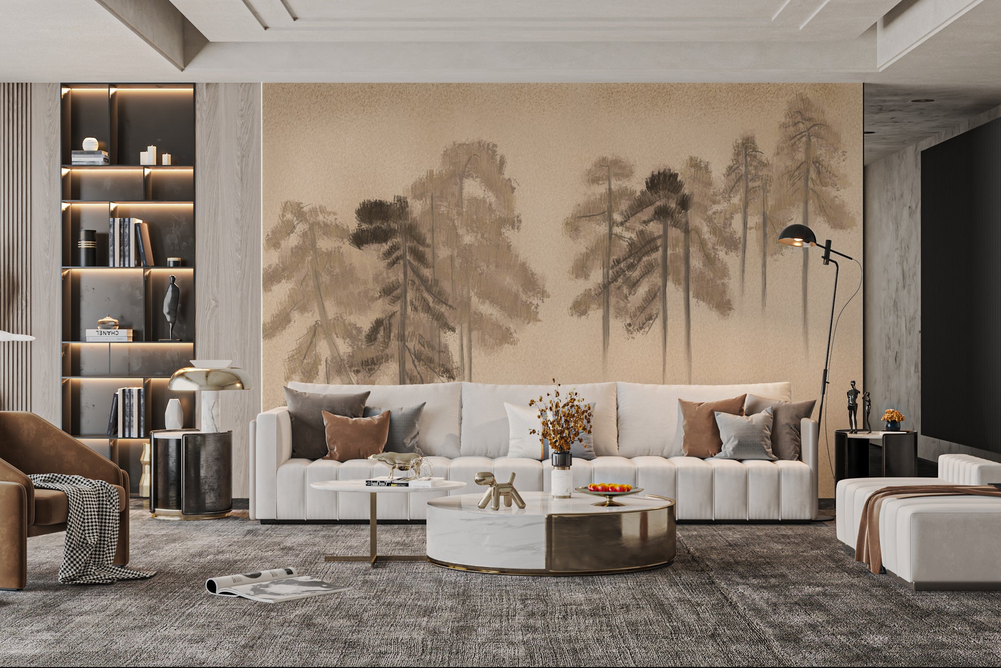 Pine forest mural with textured grunge-style design