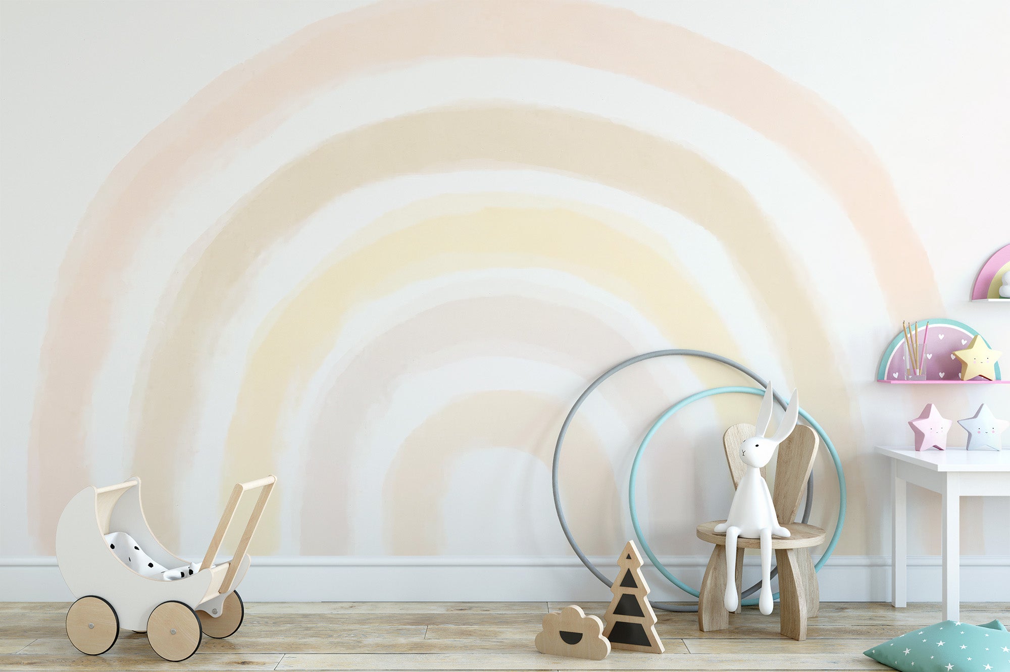 Nature-inspired mural featuring a sunrise rainbow display
