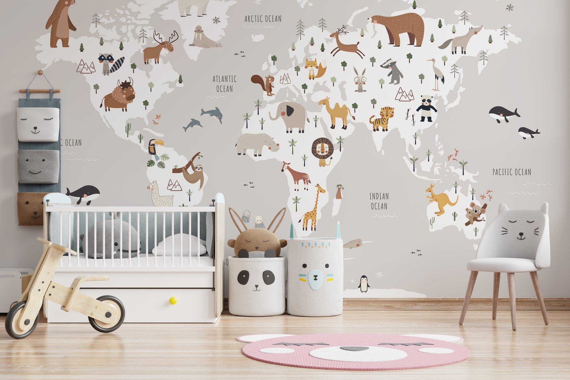 Subtle gray mural with animals and a world map theme



