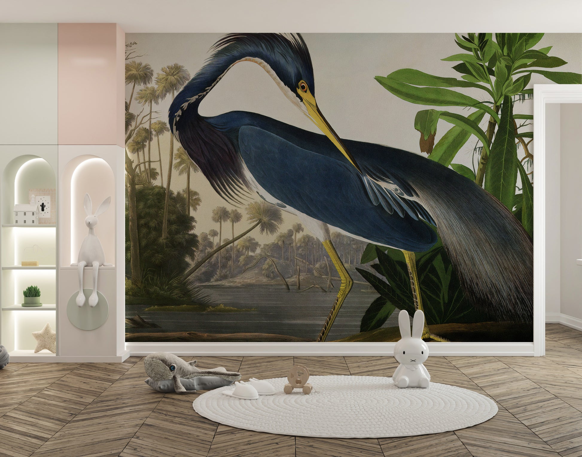 Majestic heron mural with soft tones
