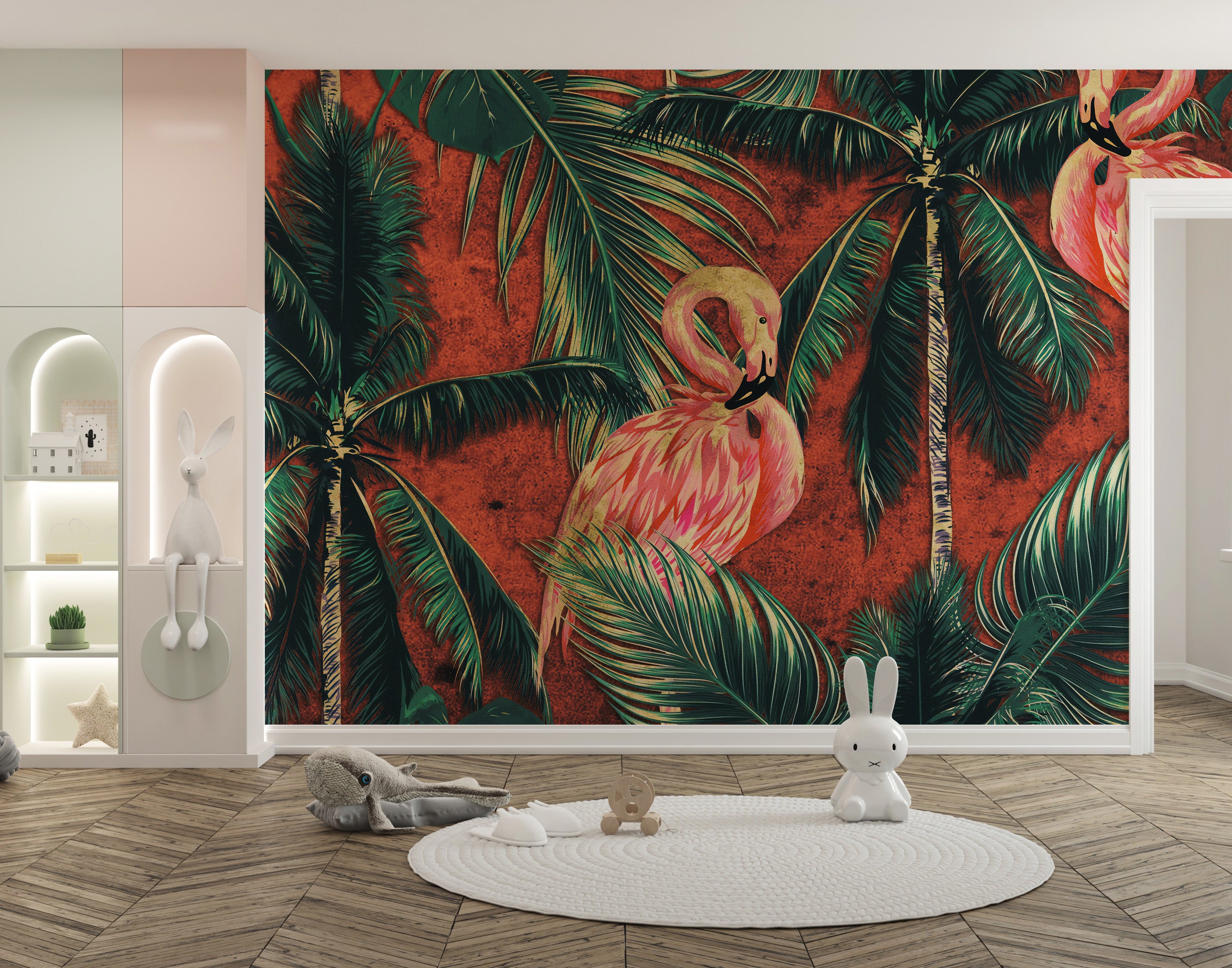 Flamingo in a lush tropical forest design.
