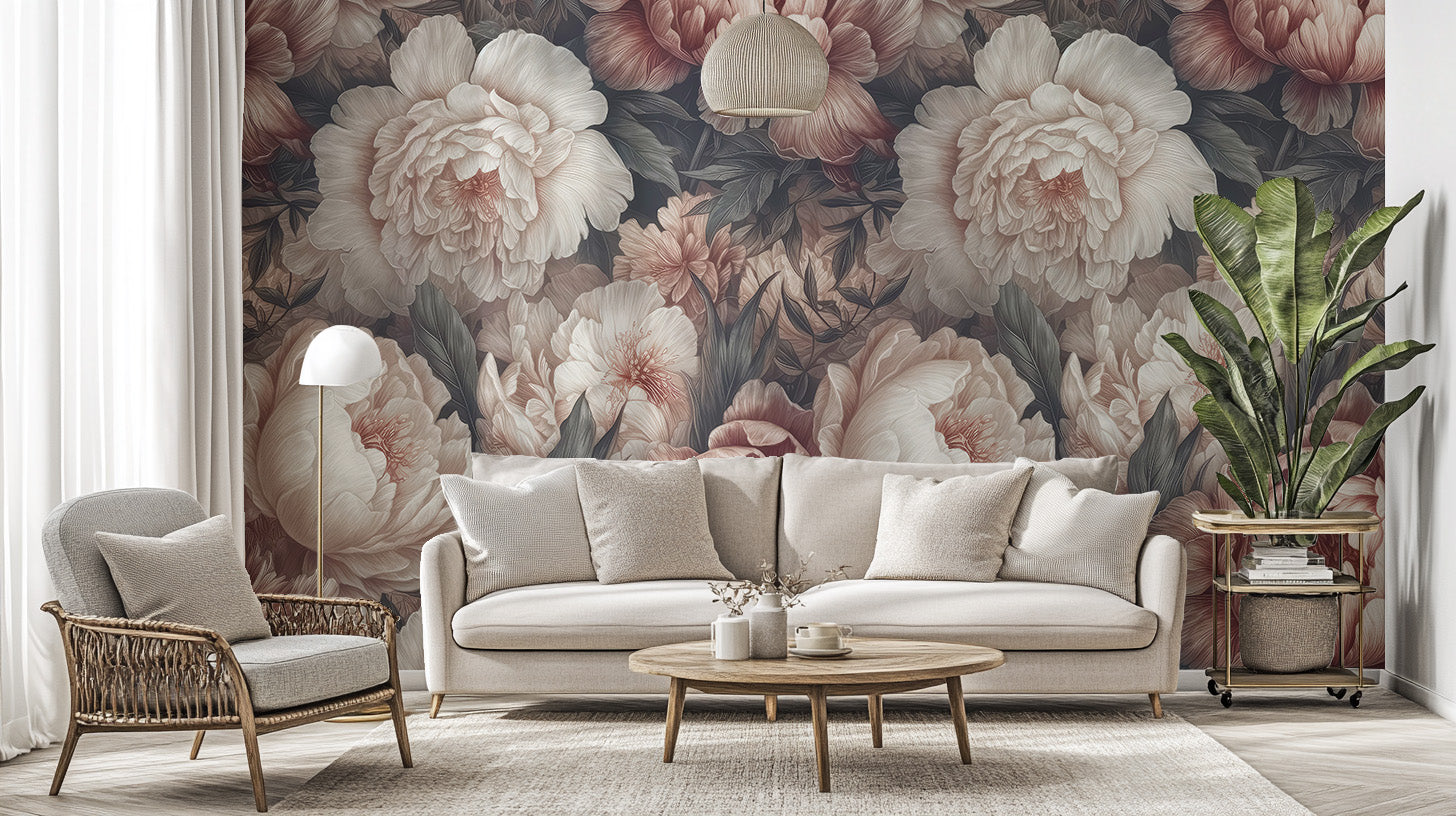 Subtle blush peony mural for a soothing home vibe
