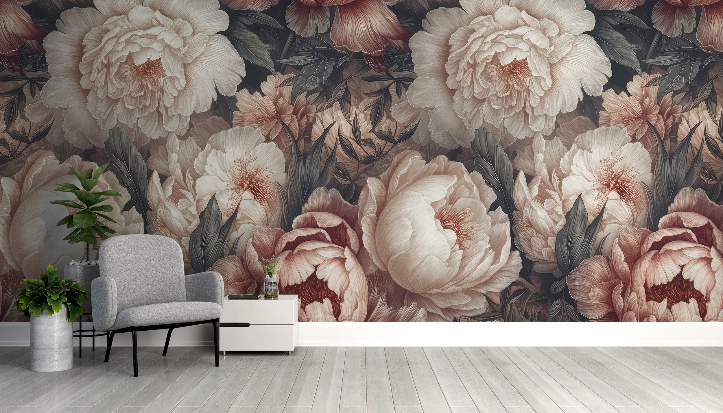 Elegant blush peony mural for serene room decor
