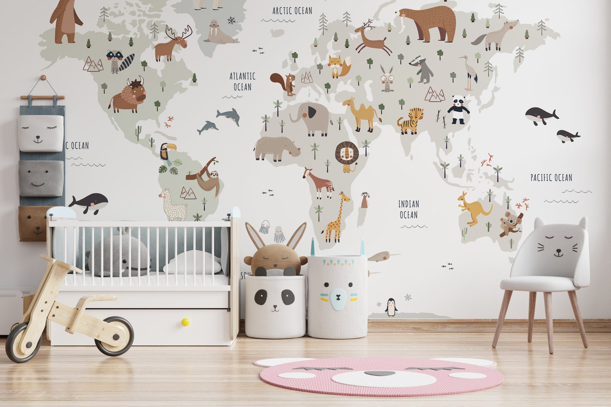 Elegant animal-themed white world map wallpaper for kids
