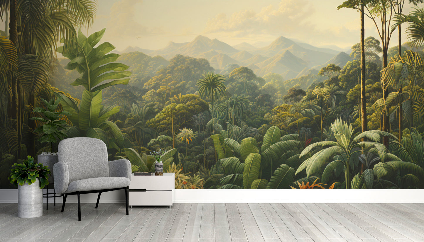 Serene dense green rainforest wallpaper for calming decor
