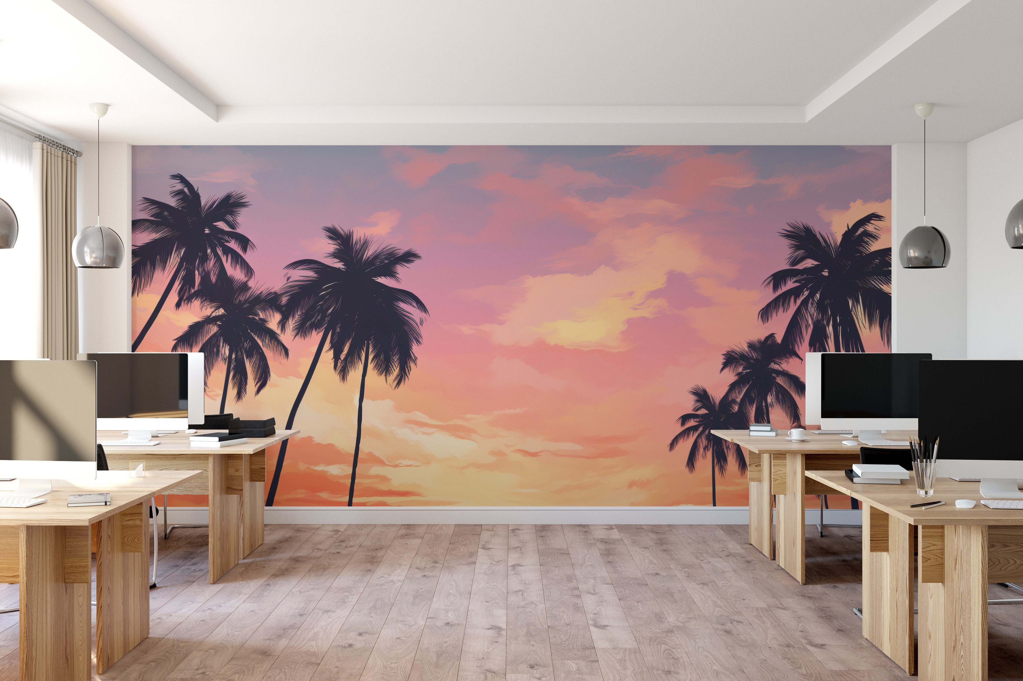 Silhouetted palm trees at sunset wallpaper
