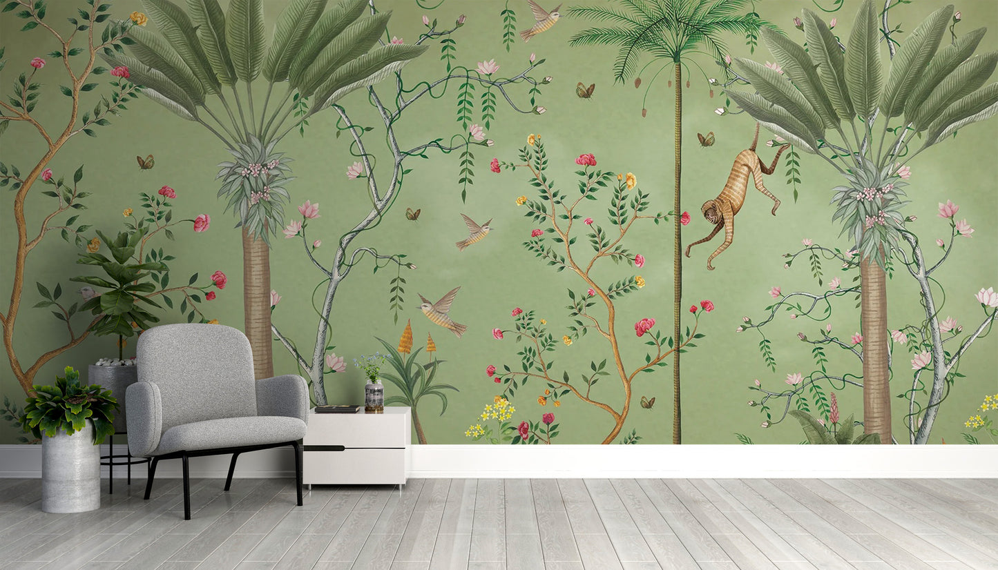 Lush green tropical chinoiserie wallpaper for exotic flair
