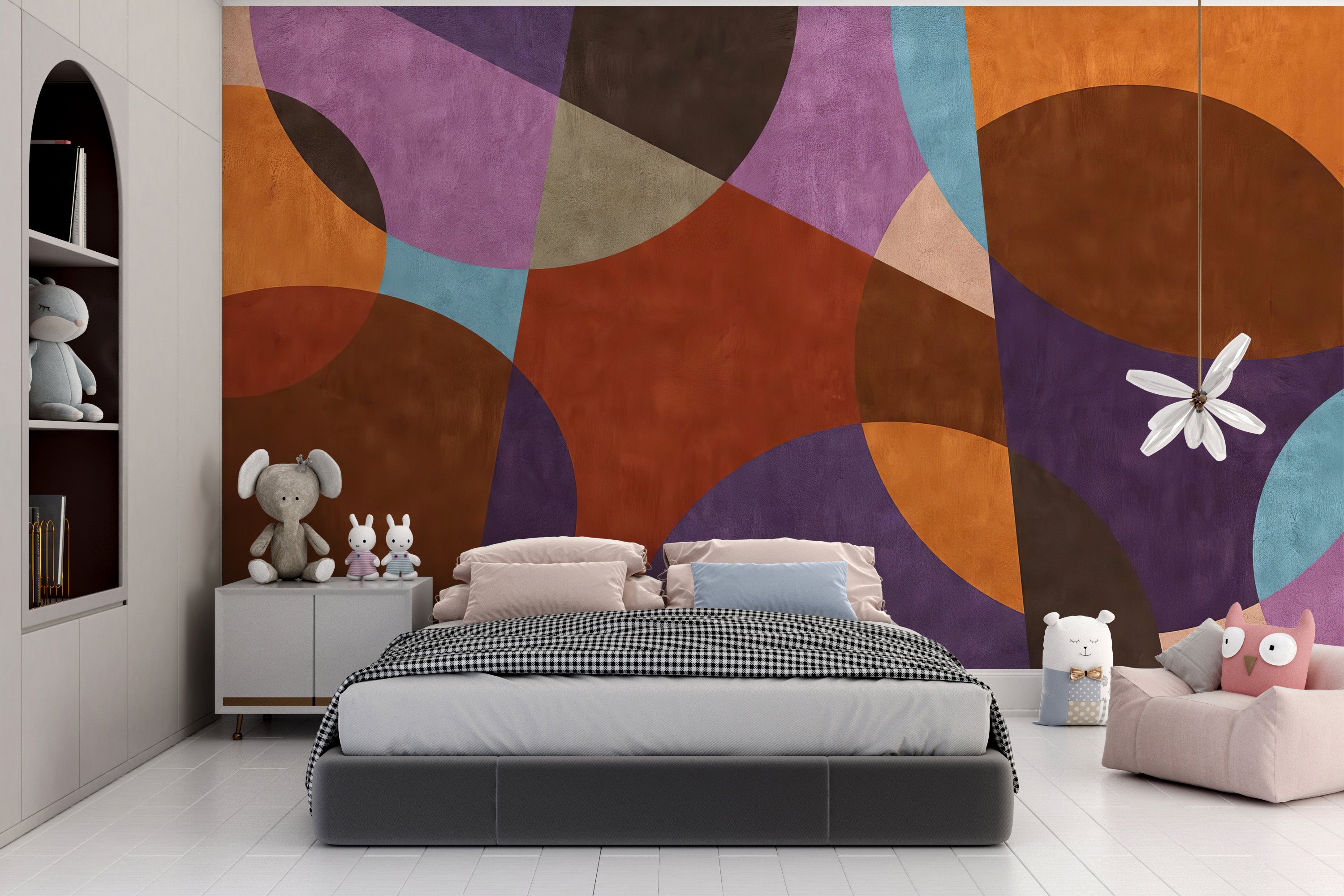 Contemporary mural with playful colorful geometric patterns
