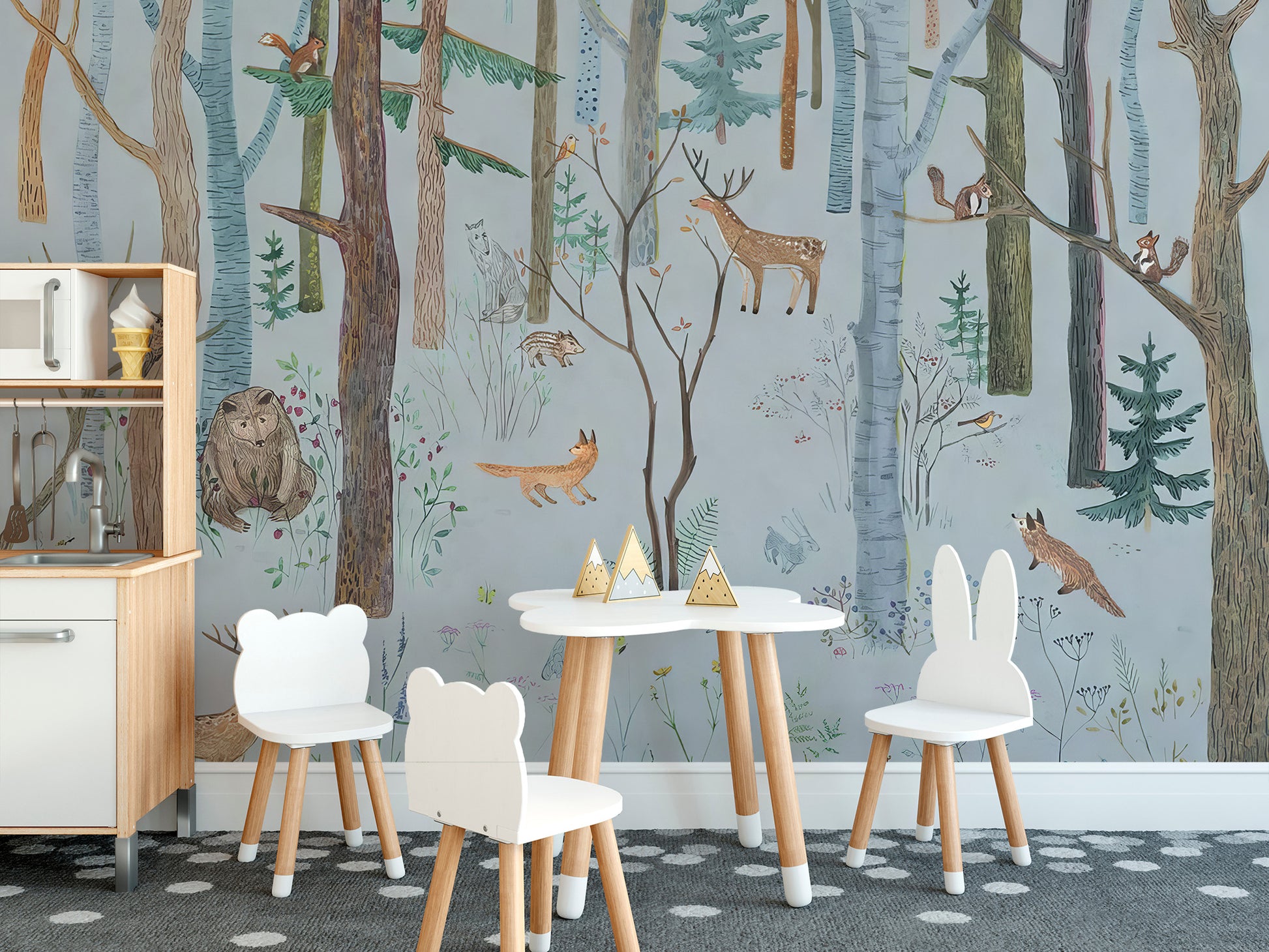 Room wallpaper featuring woodland wildlife and greenery