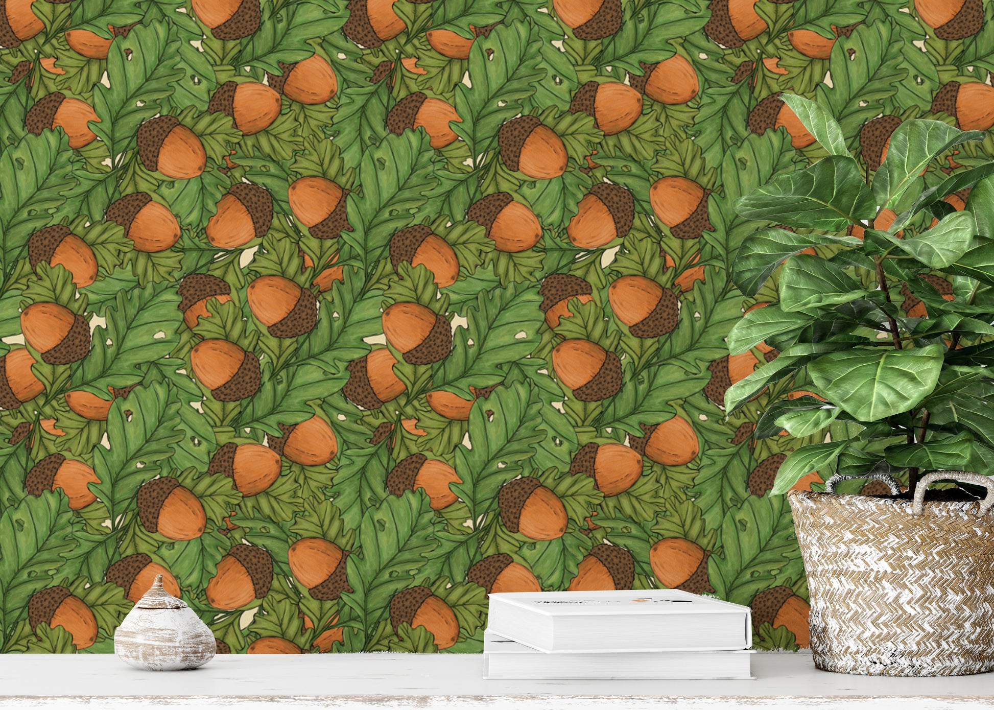 Stylish wallpaper featuring acorns in a natural layout
