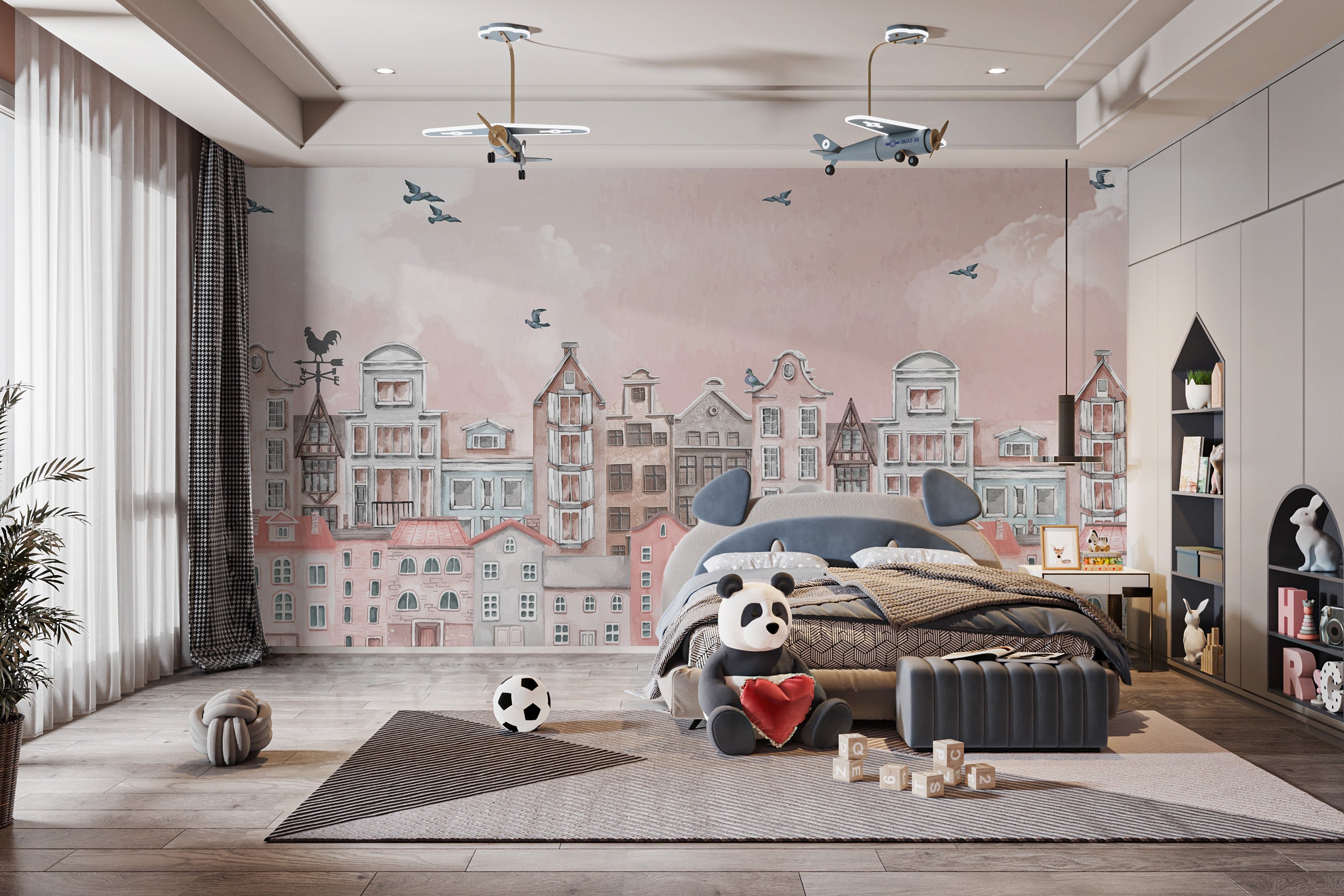 Pink Cityscape Wall Mural for a modern, urban feel